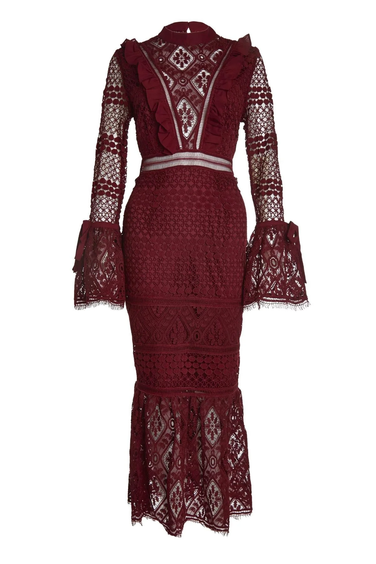 True Decadence Burgundy Jenna Peplum-Sleeve Lace Midi Dress - Image 4