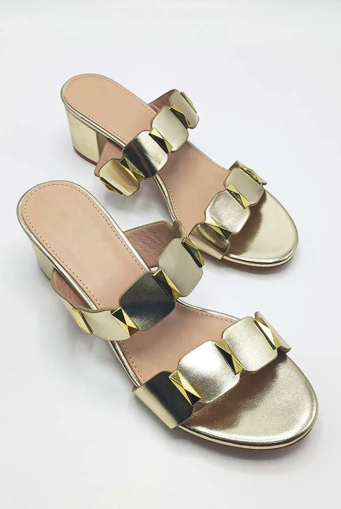 Miss Diva Gold Kolee Stud Detail Block Heel Mules - Image 2