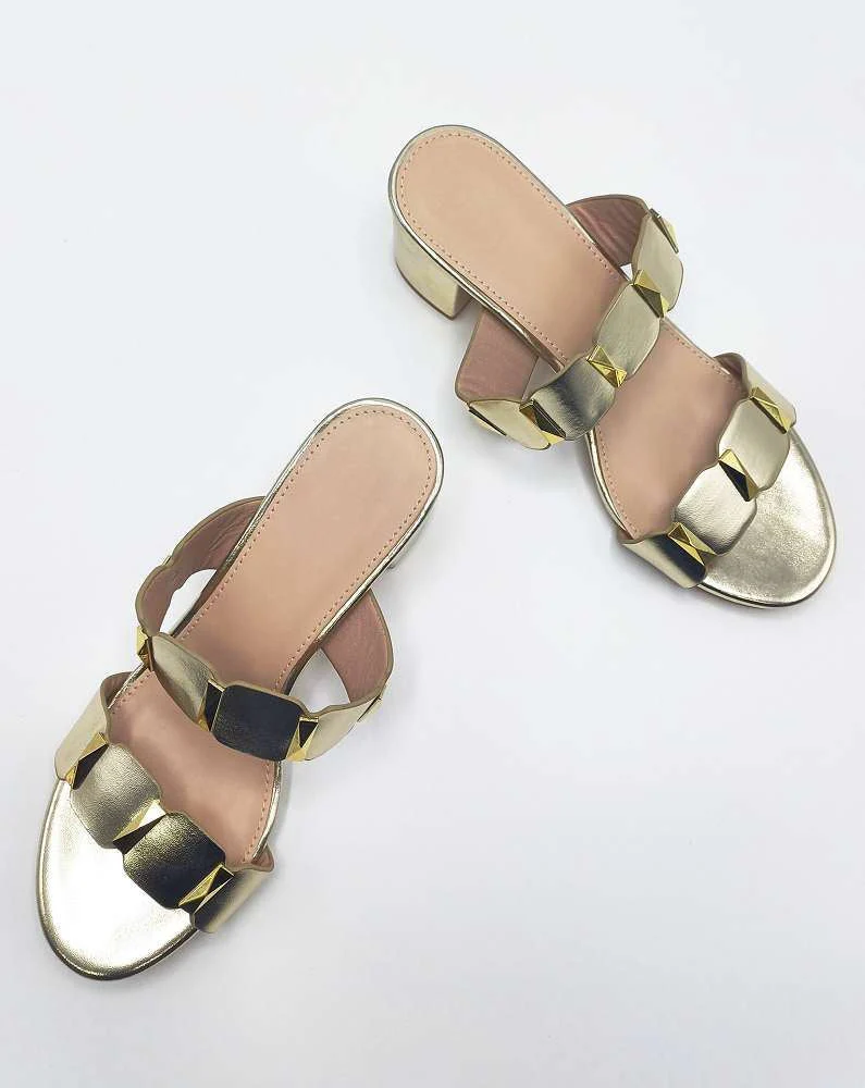 Miss Diva Gold Kolee Stud Detail Block Heel Mules - Image 3