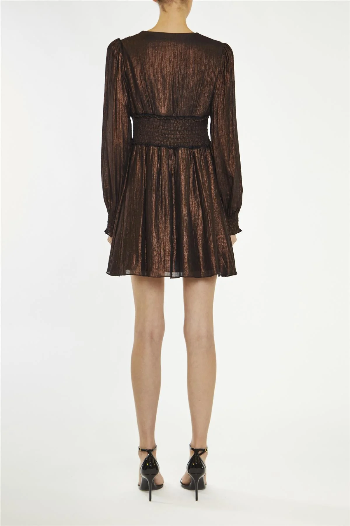 True Decadence Chocolate-Metallic Kylie Smocked Waist Mini-Dress - Image 2