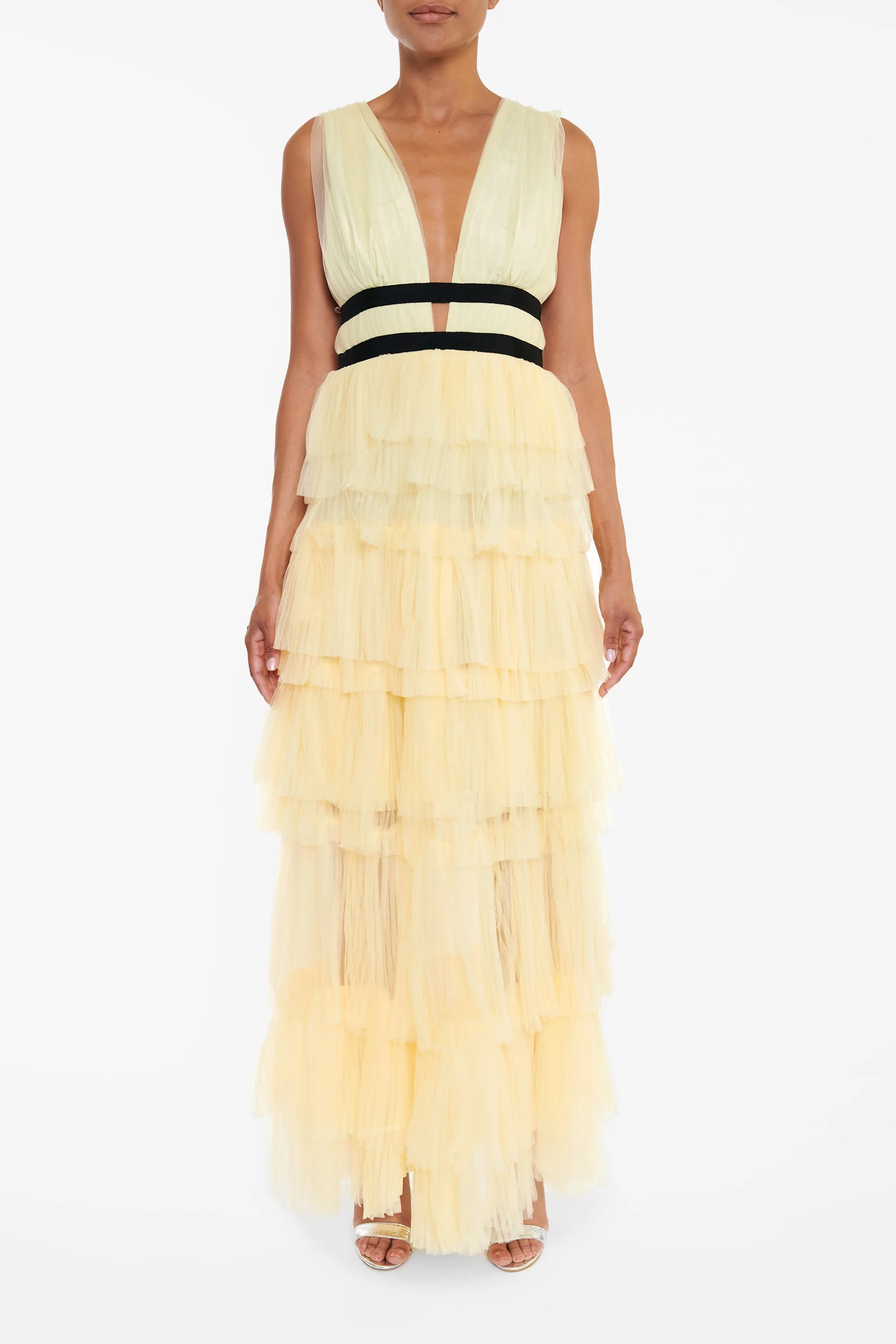 true Decadence Eliza Pale Yellow Plunging Neck Layered Tulle Skirt Maxi-Dress