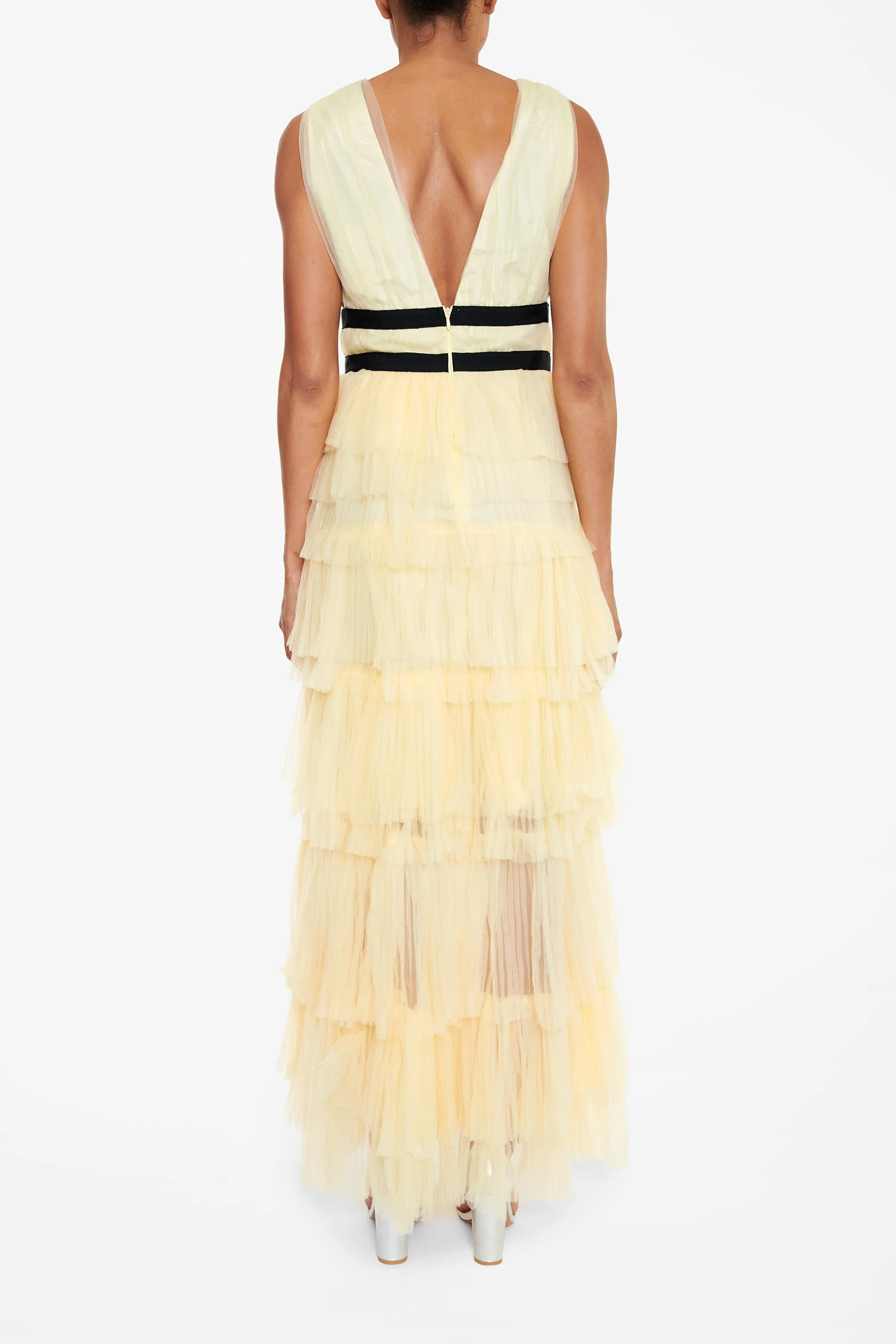 true Decadence Eliza Pale Yellow Plunging Neck Layered Tulle Skirt Maxi-Dress - Image 2