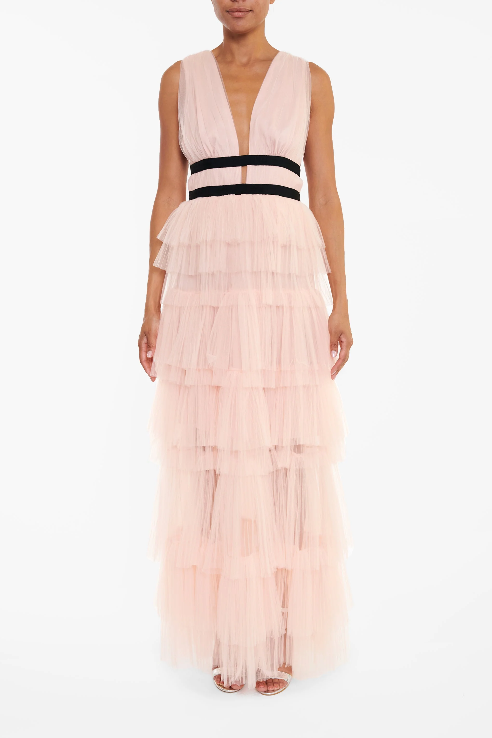 true Decadence Eliza Peachy Nude Plunging Neck Layered Tulle Skirt Maxi-Dress