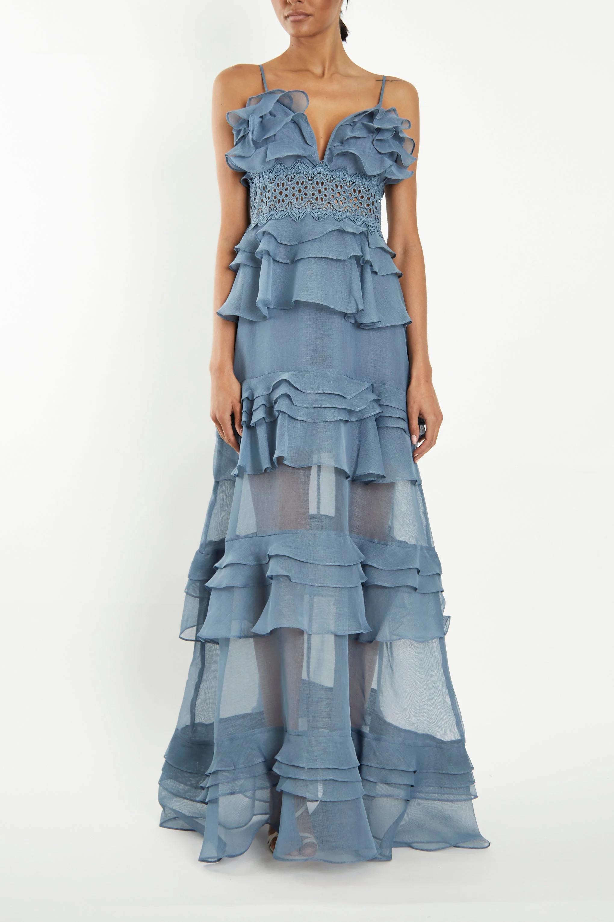 True Decadence Sophia Light Steel Blue Tiered Ruffle Maxi Dress