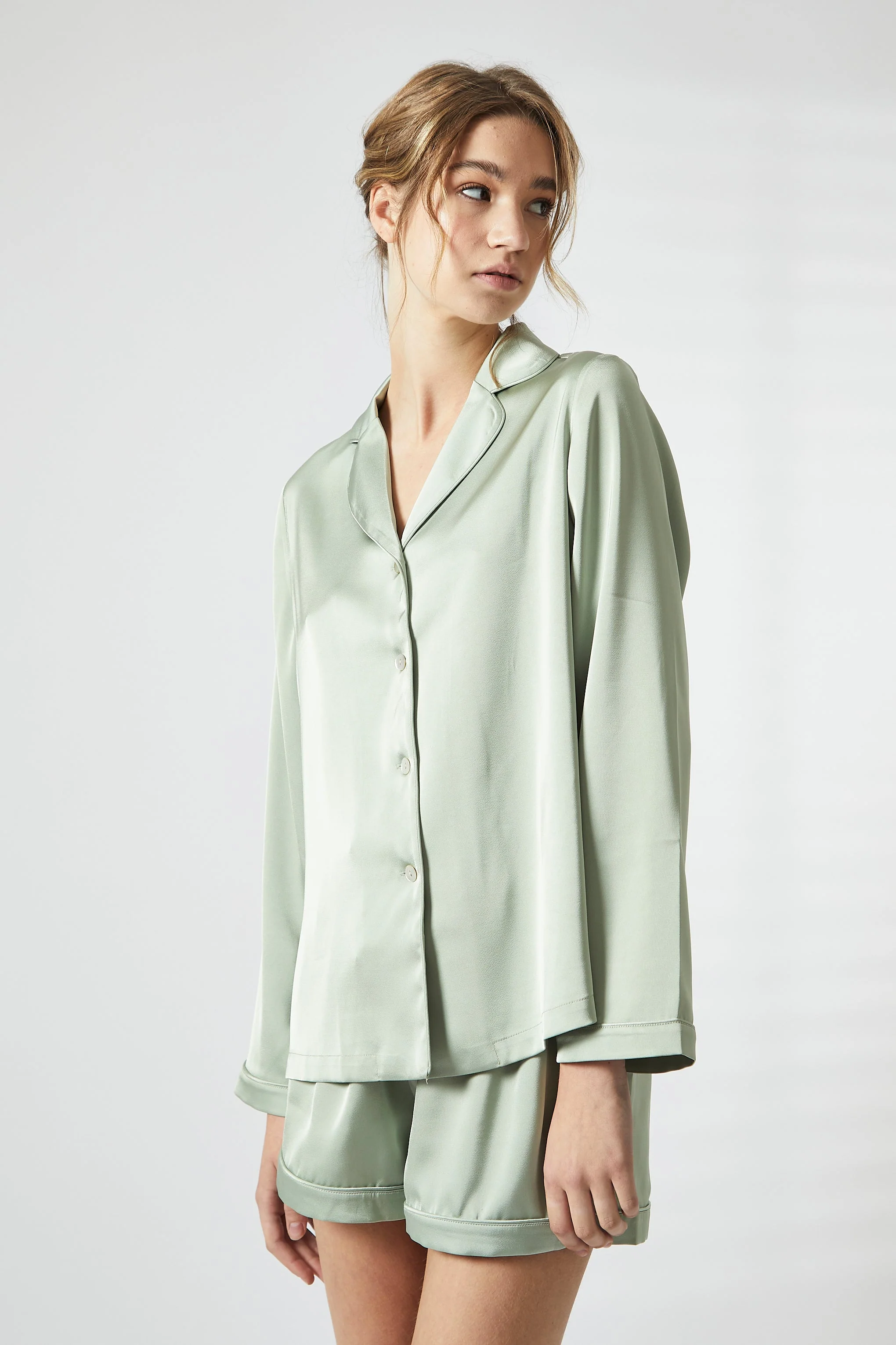 True Decadence Sage Green Trim Short Satin Pyjama Set - Image 2
