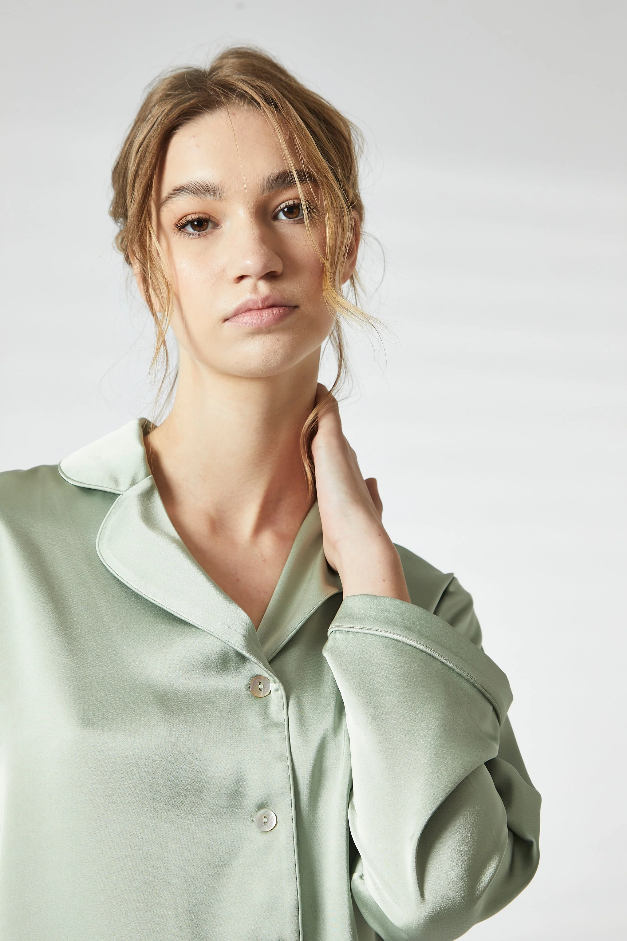 True Decadence Sage Green Trim Short Satin Pyjama Set - Image 4