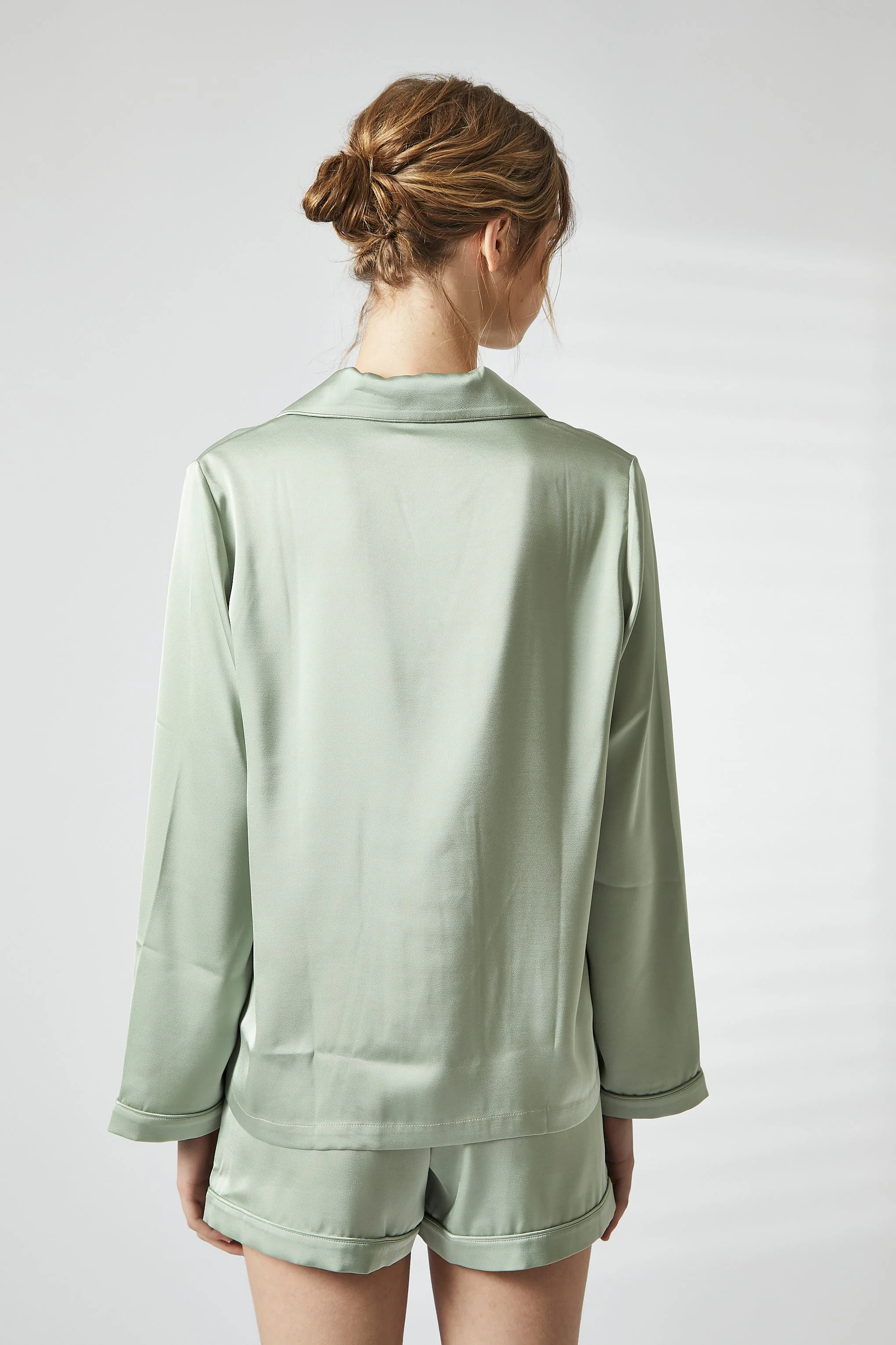 True Decadence Sage Green Trim Short Satin Pyjama Set - Image 5