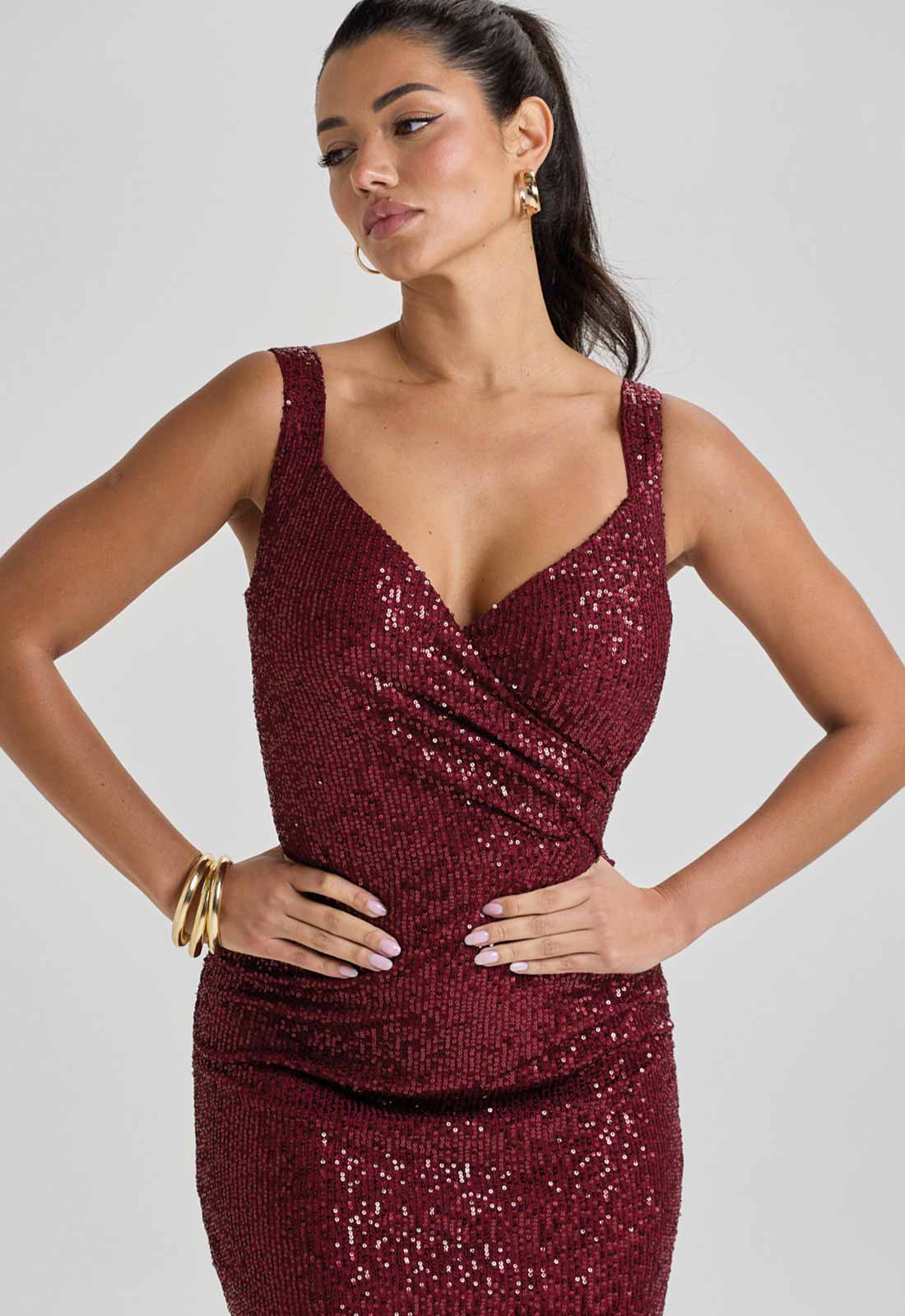 LBD Collection Burgundy Ruby Sequin Dress - Image 6