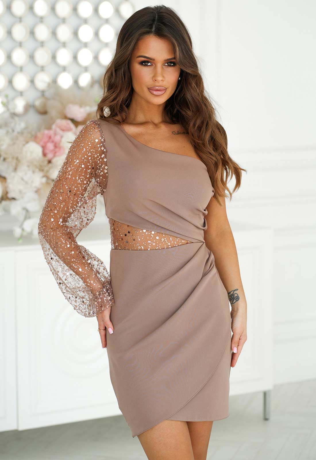 LBD Exclusive Beige After Dark Mini Dress - Image 3