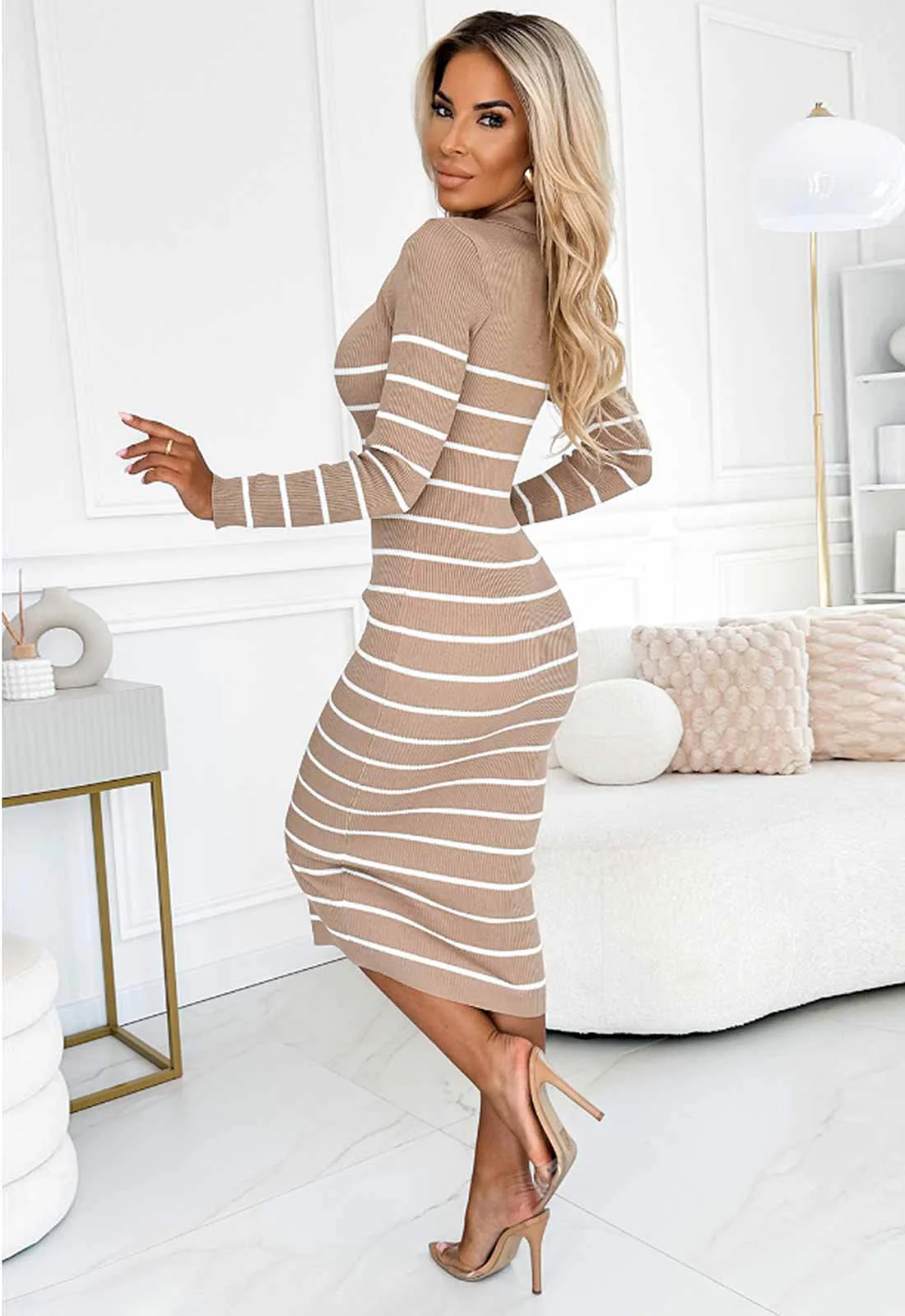 LBD Exclusive Beige Stripe Jumper Dress - Image 3