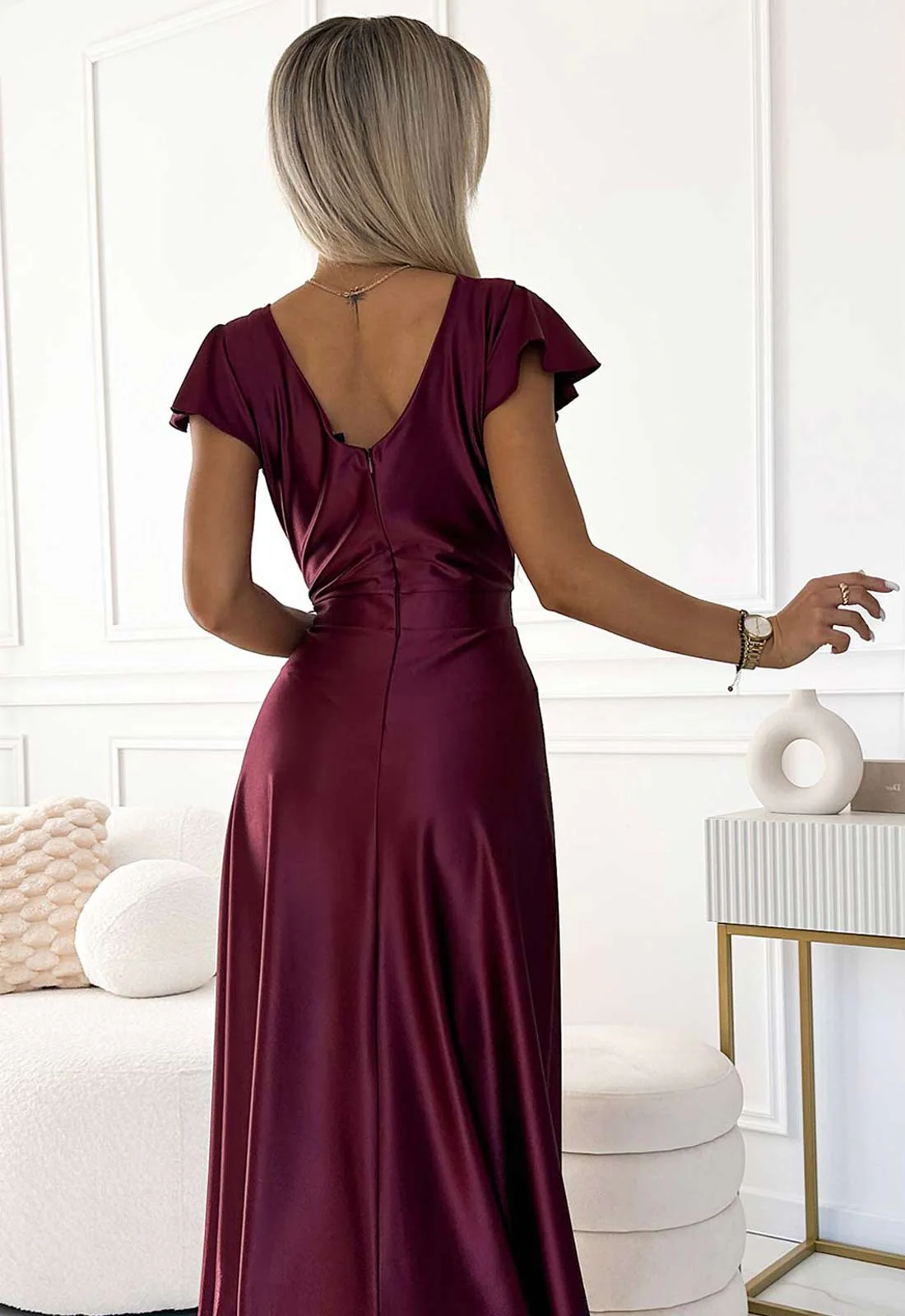 LBD Exclusive Burgundy Satin Crystal Maxi Dress - Image 5
