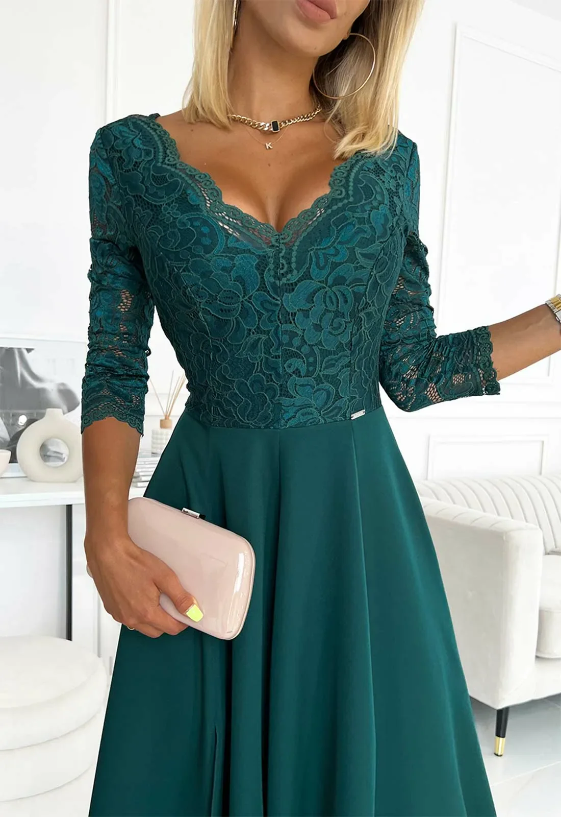 LBD Exclusive Green Amber Lace Dress - Image 3