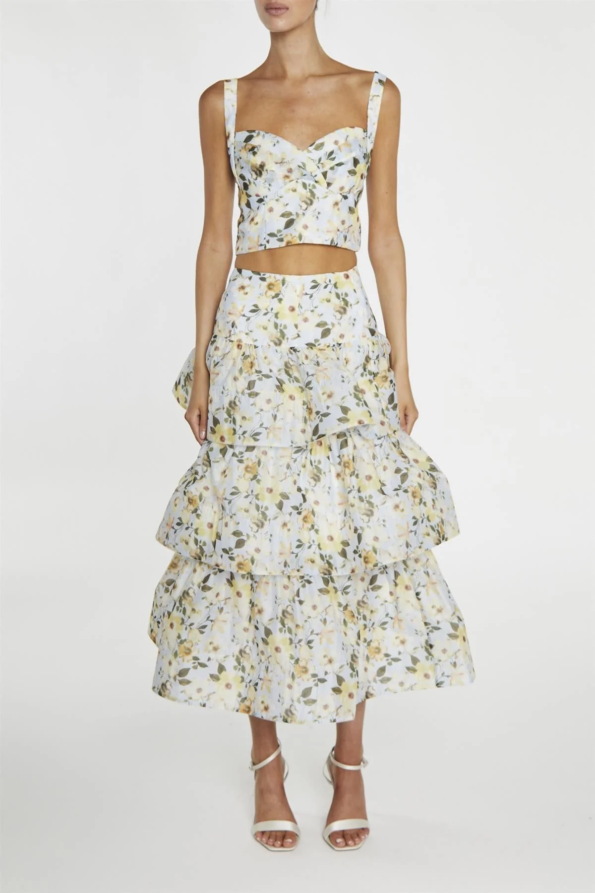 true Decadence Maisie Co-ord Pale-Blue Flower Organza Tiered Ruffle Midi-Skirt