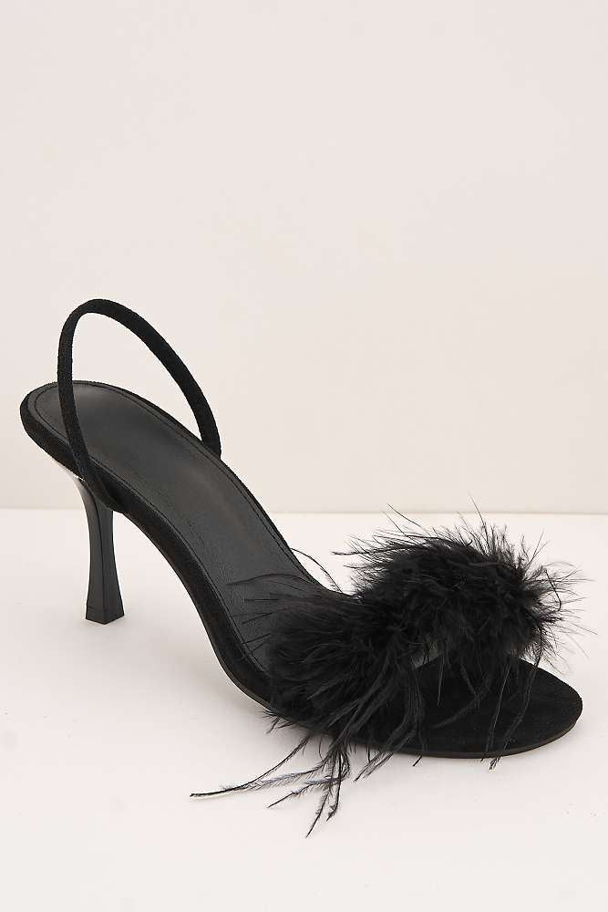 Margot Feathered Trim Band Slingback Heeled Sandals in Black - Image 4