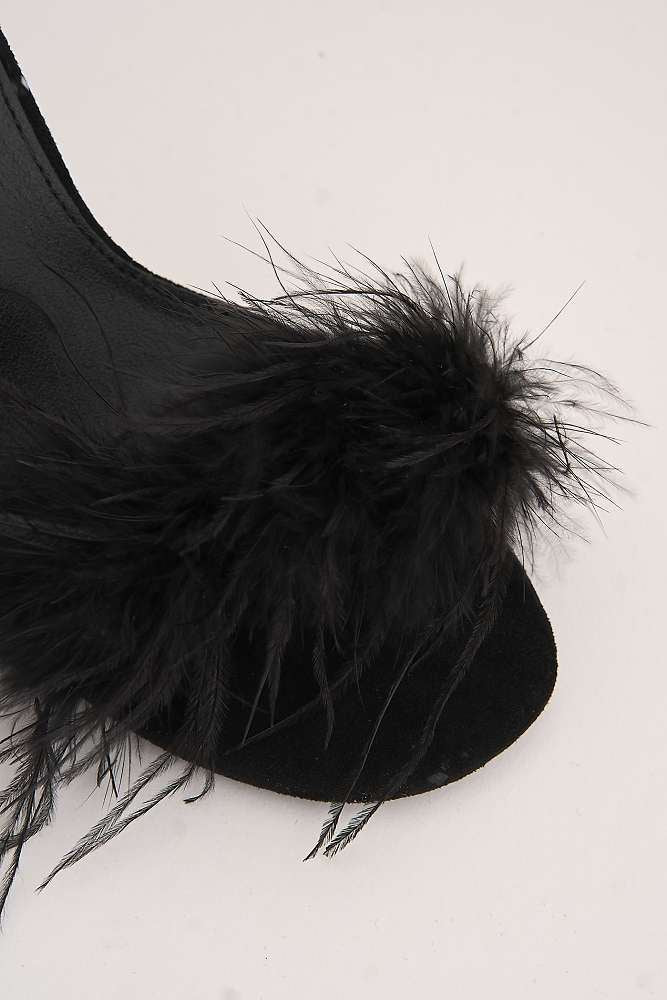 Margot Feathered Trim Band Slingback Heeled Sandals in Black - Image 5