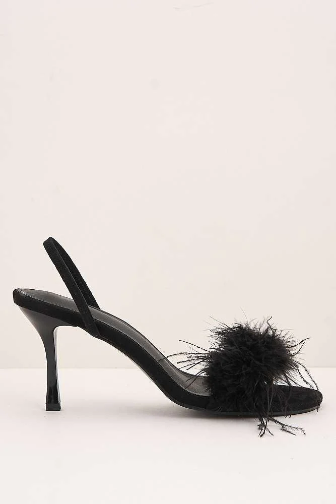 Margot Feathered Trim Band Slingback Heeled Sandals in Black - Image 6