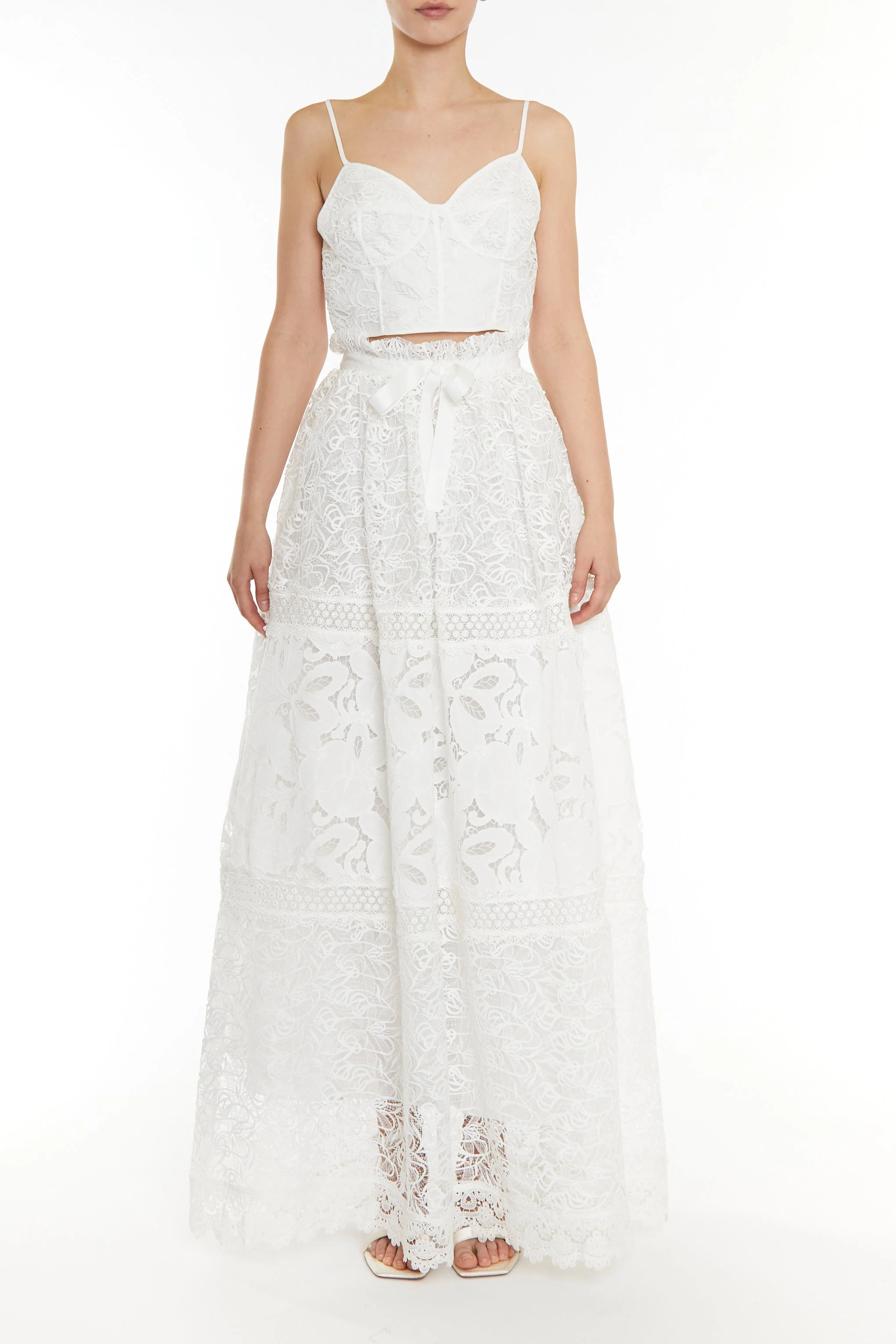 true Decadence Melissa Co-ord White Patchwork lace Tie-Waist Maxi Skirt