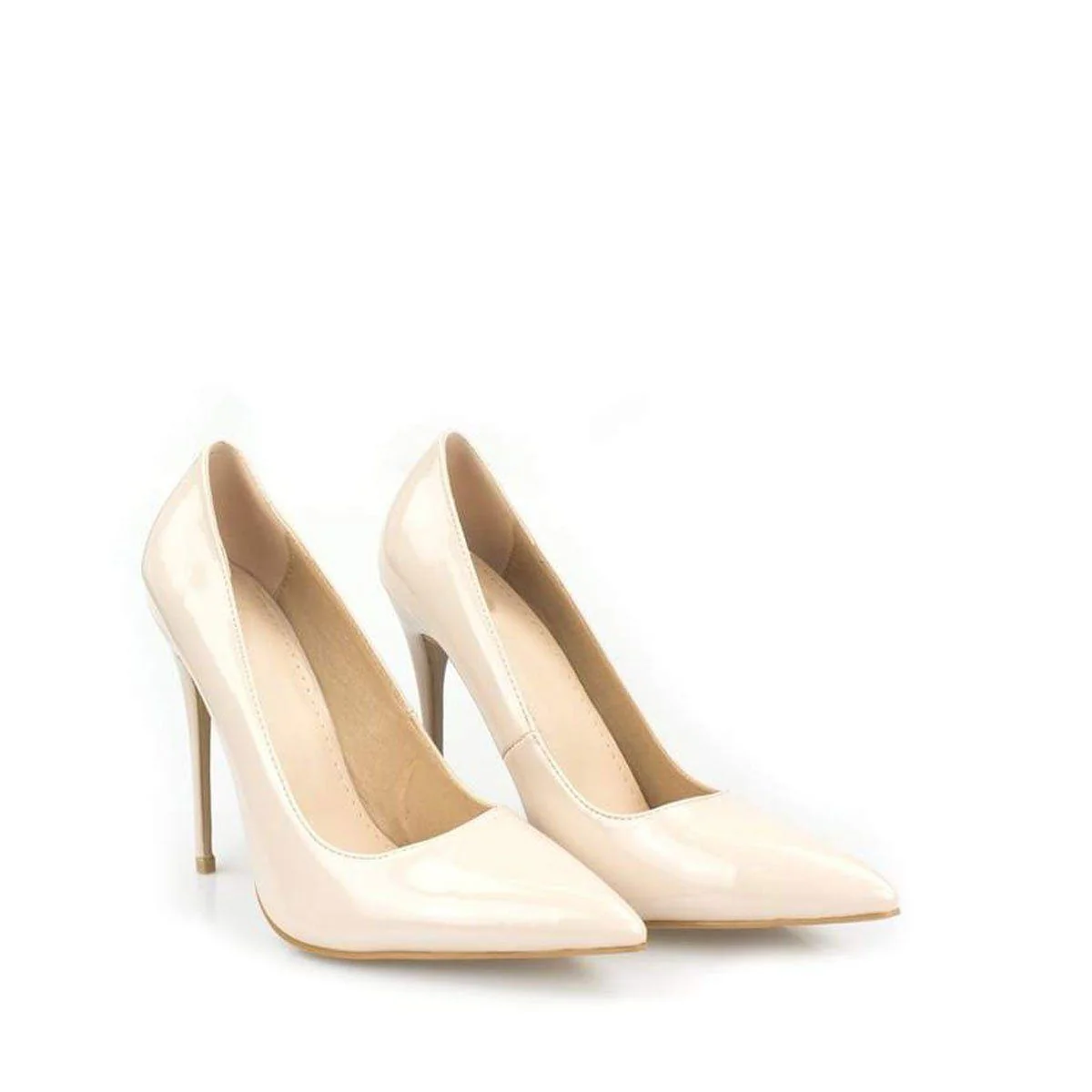 Miss Diva Beige Mila High Stiletto Patent Finish Heel Court Shoe - Image 4