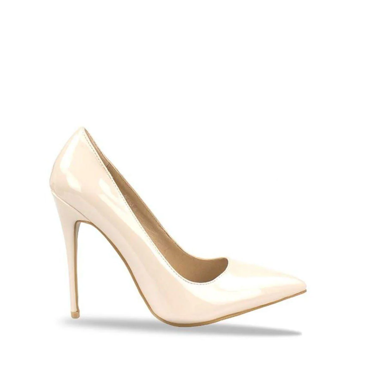 Miss Diva Beige Mila High Stiletto Patent Finish Heel Court Shoe - Image 6