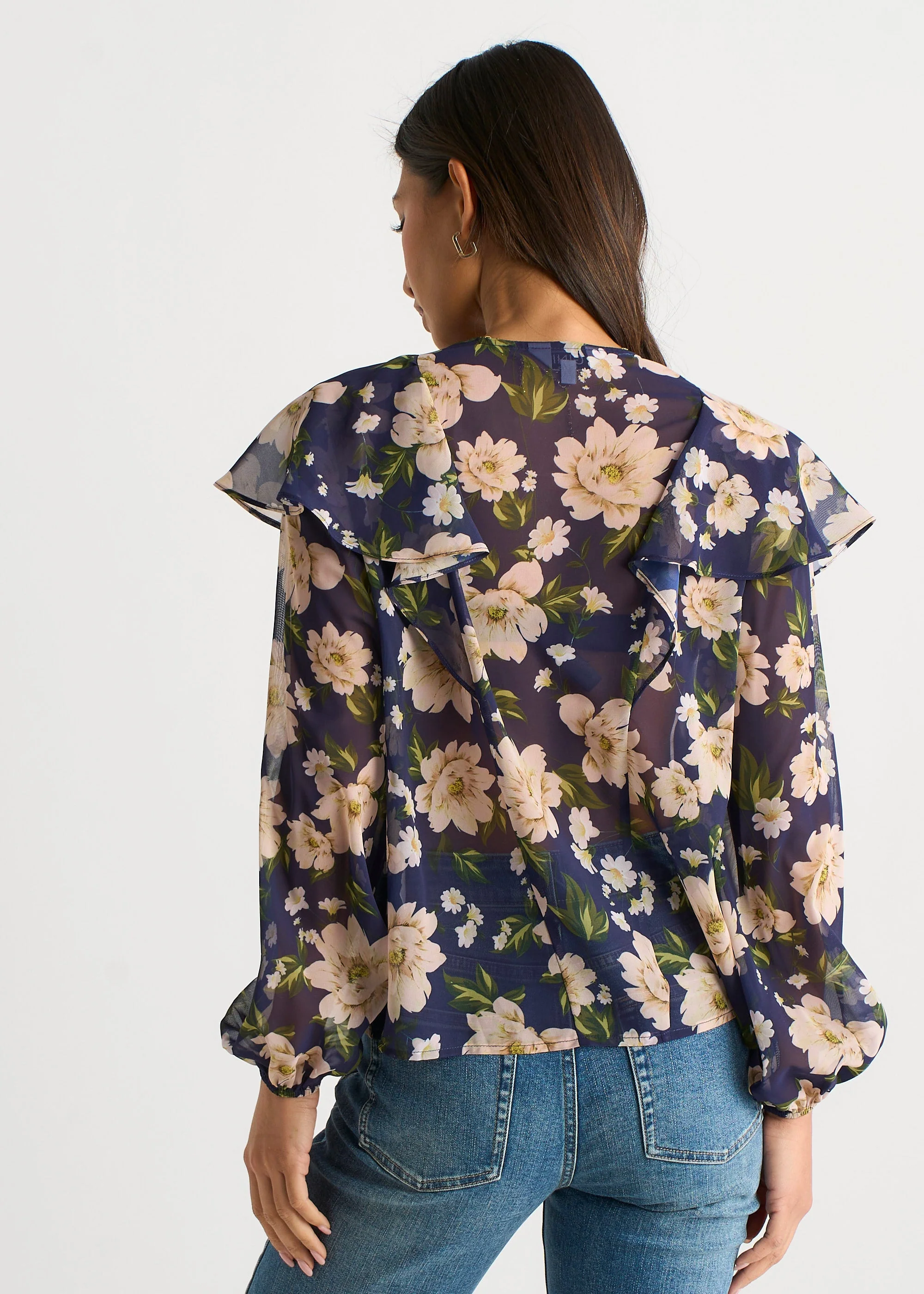 Navy Floral Ruffle Front Blouse - Image 2
