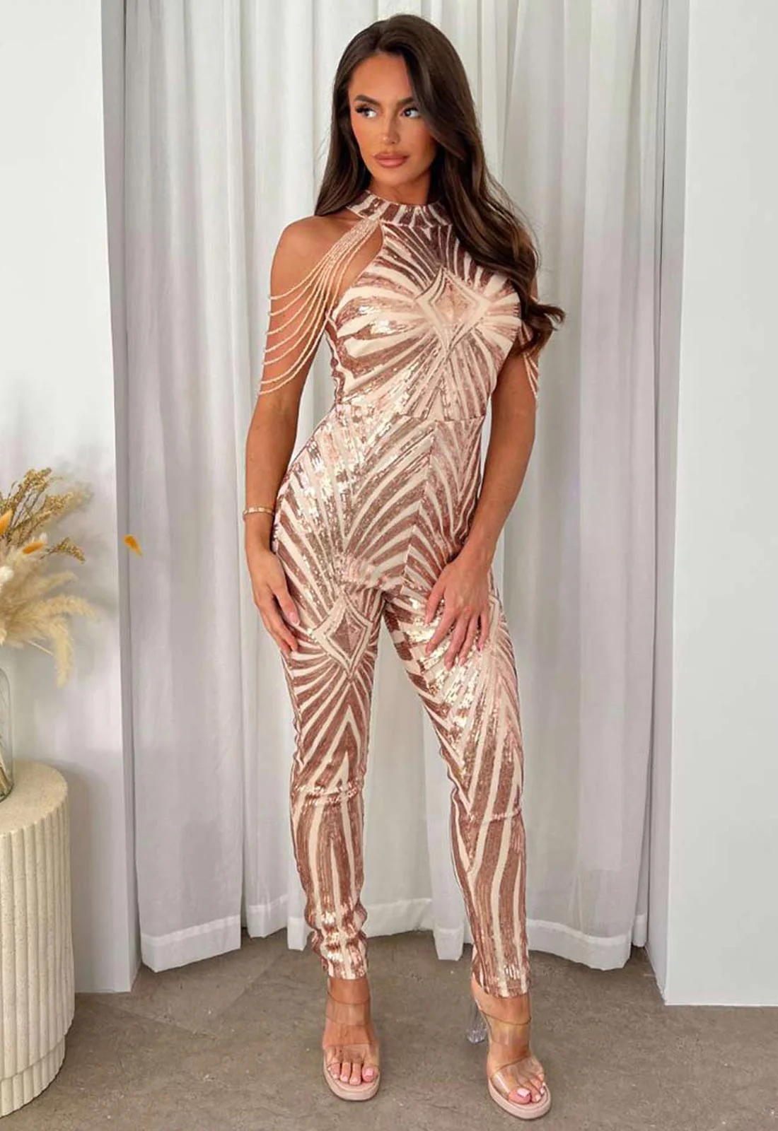 Nazz Collection Gold Sequin Beaded Shoulder Jumpsuit