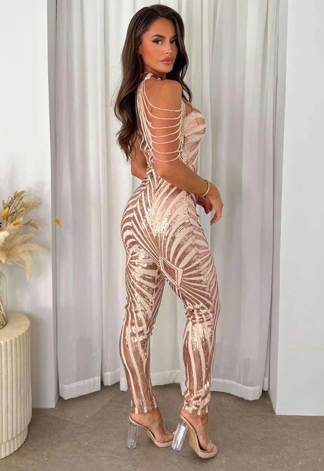 Nazz Collection Gold Sequin Beaded Shoulder Jumpsuit - Image 5
