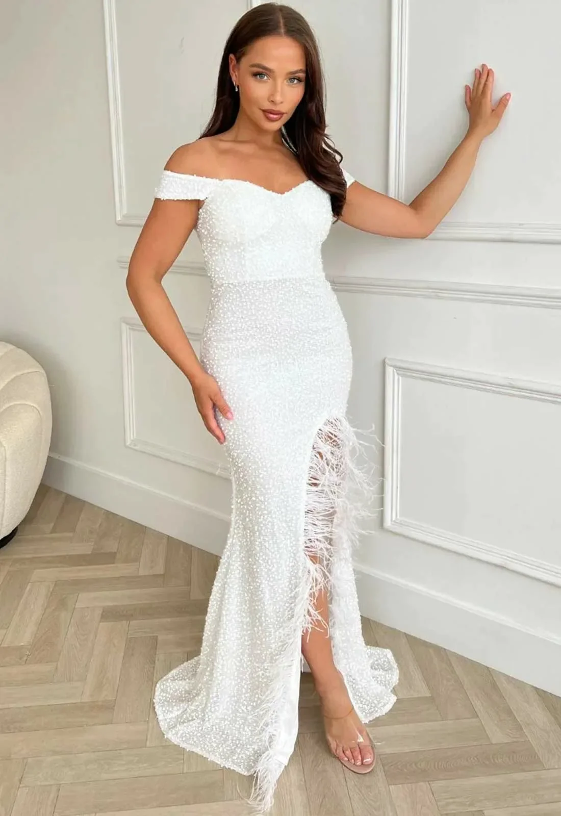 Nazz Collection White Galaxy Feather Maxi Dress - Image 5