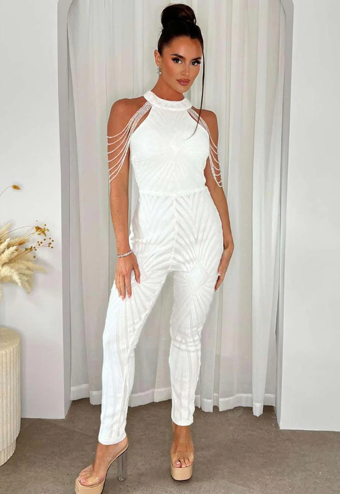 Nazz Collection White Sequin Beaded Shoulder Jumpsuit