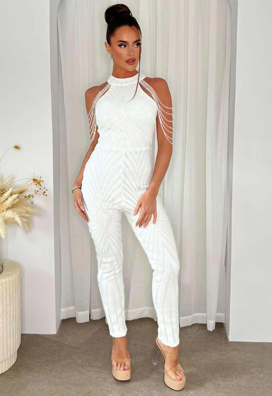 Nazz Collection White Sequin Beaded Shoulder Jumpsuit - Image 2