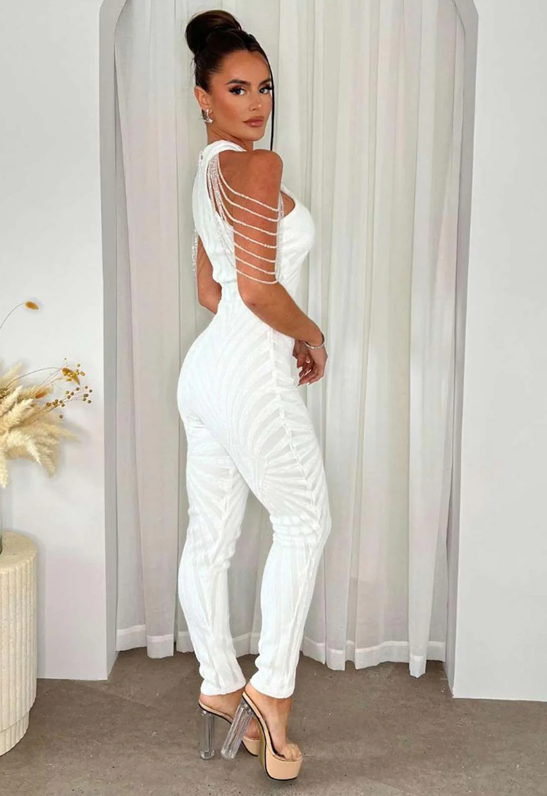 Nazz Collection White Sequin Beaded Shoulder Jumpsuit - Image 4