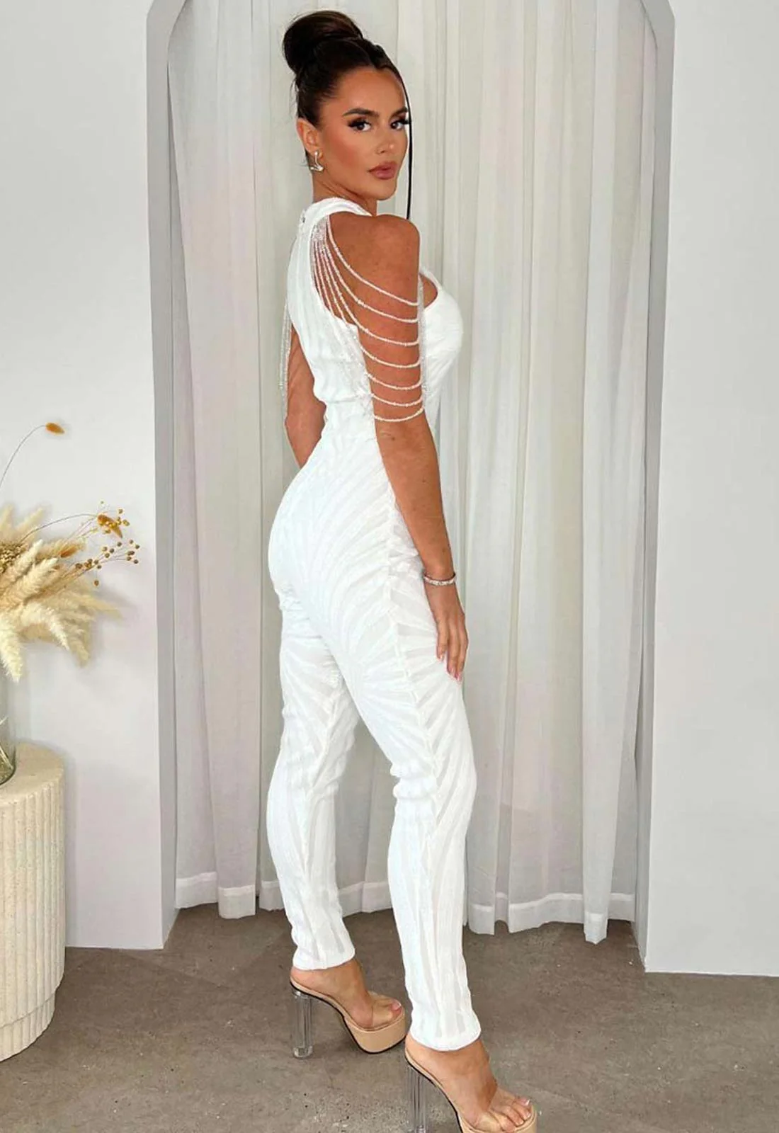 Nazz Collection White Sequin Beaded Shoulder Jumpsuit - Image 5