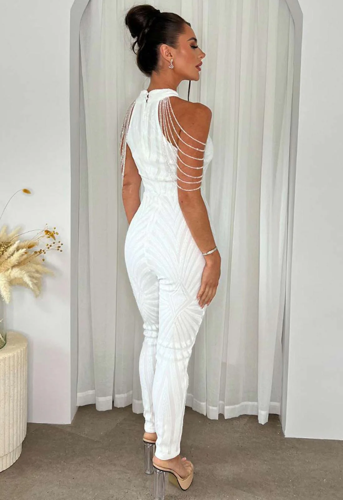 Nazz Collection White Sequin Beaded Shoulder Jumpsuit - Image 6