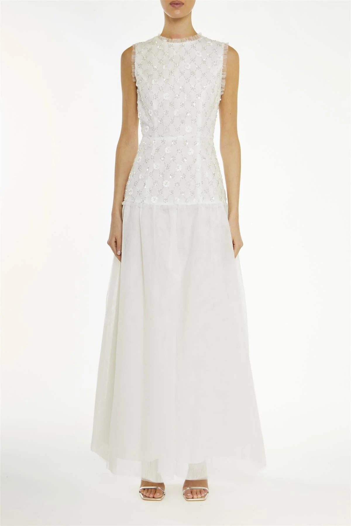 True Decadence White-Beaded Ophelia Floral Dropped-Waist Maxi-Dress