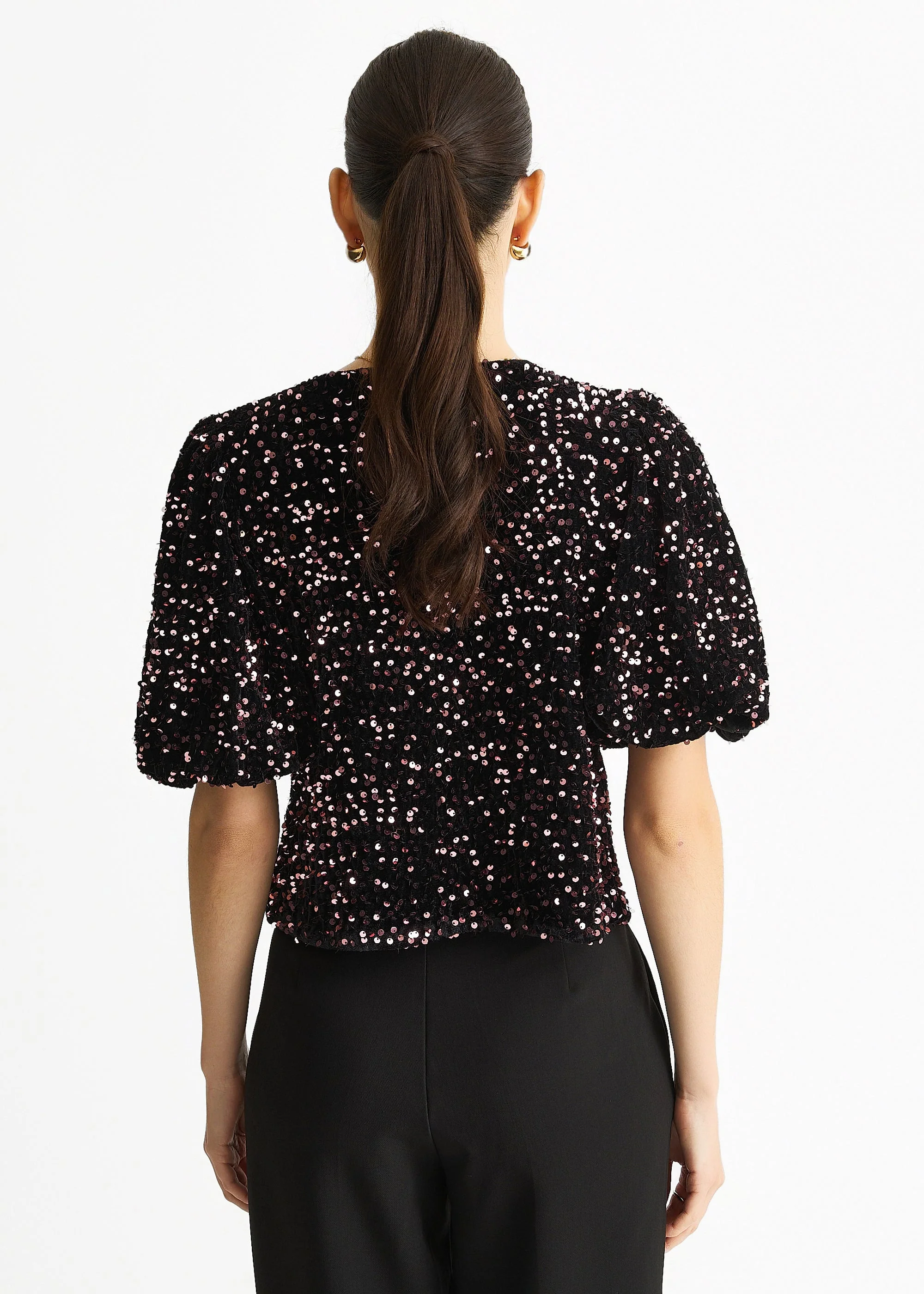 Purple Velvet Sequin Bow Front Bubble Sleeve Top - Image 4