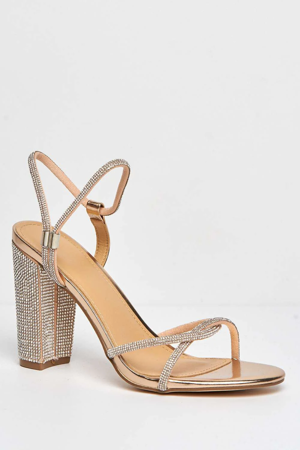 Miss Diva Gold Rayah Diamante Embellished Block Heel Sandals - Image 4