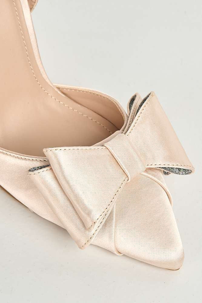 Salwa Pointy Toe Bow Slingback Court Shoes in Champange Satin - Image 5