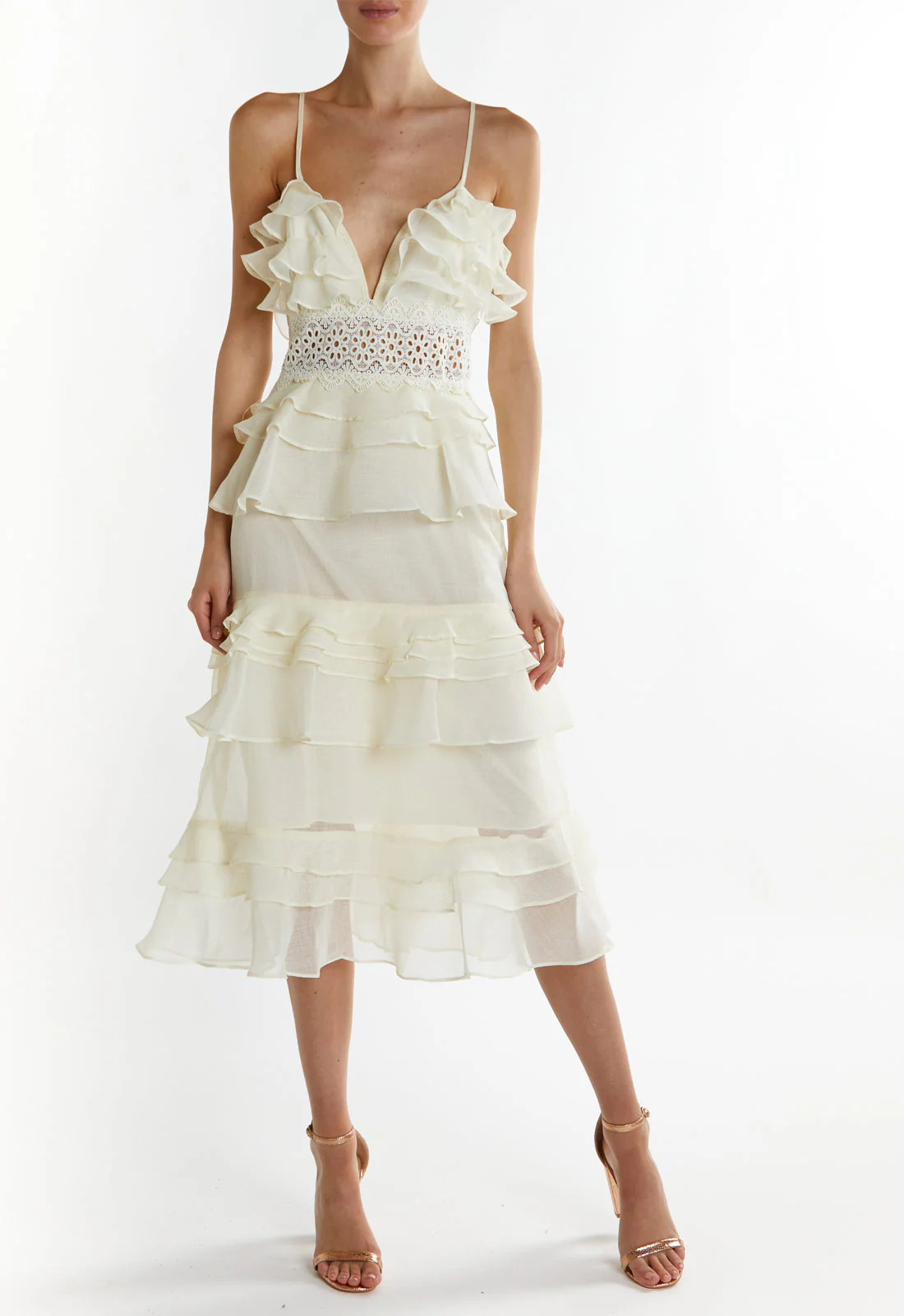 True Decadence Yellow Melina V-Neck Ruffle Midi Dress - Image 3