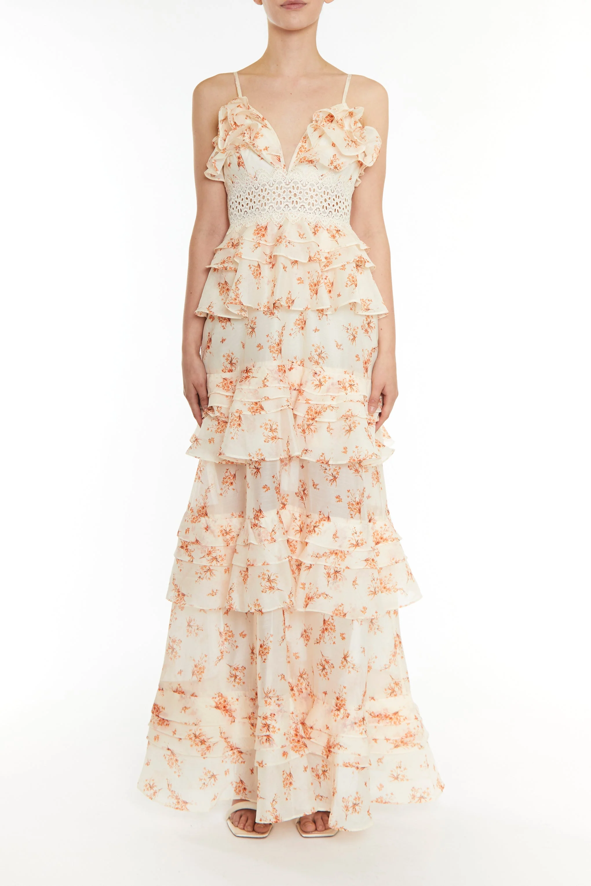true Decadence Sophia Cream Orange Floral Plunge Front Tiered Ruffle Maxi-Dress