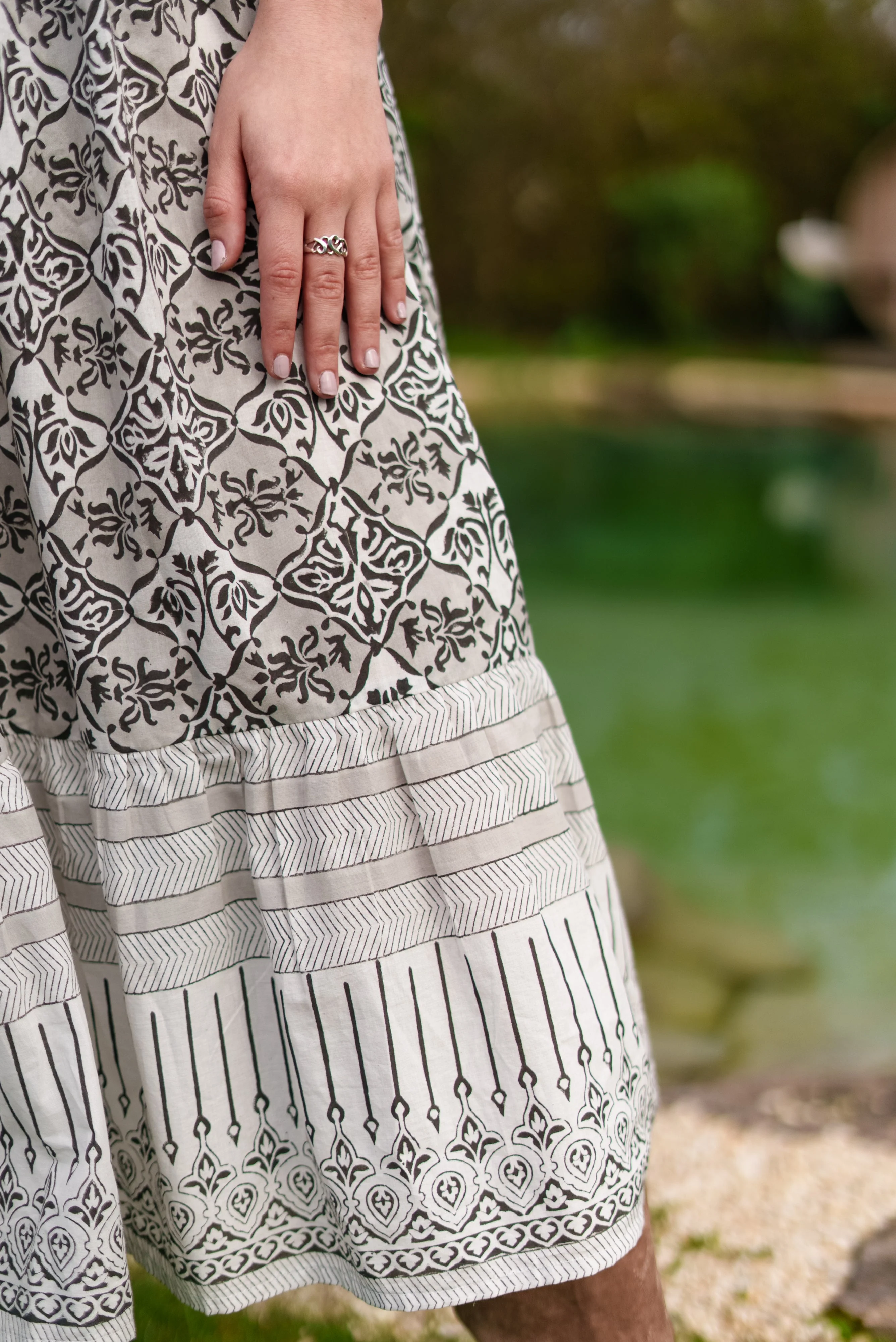 Soul Of Sita Aria Black And Ecru Woodblock Print Midi Dress With Tie Front Detail. 100% Cotton - Image 10
