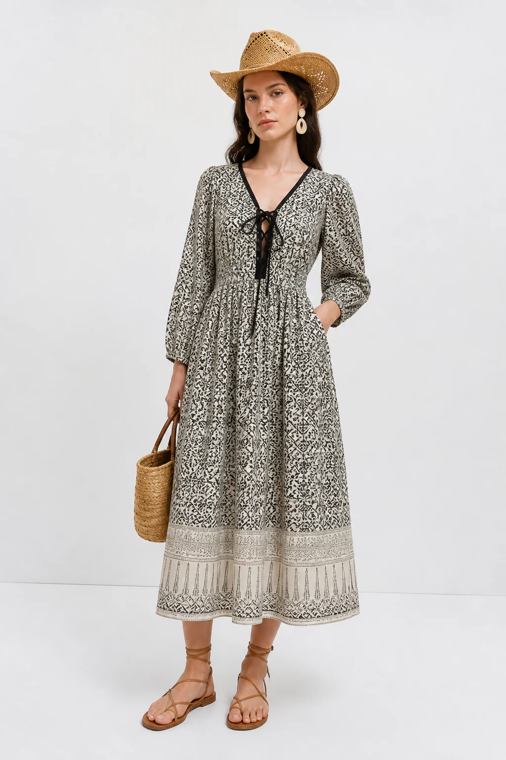 Soul Of Sita Aria Black And Ecru Woodblock Print Midi Dress With Tie Front Detail. 100% Cotton - Image 15