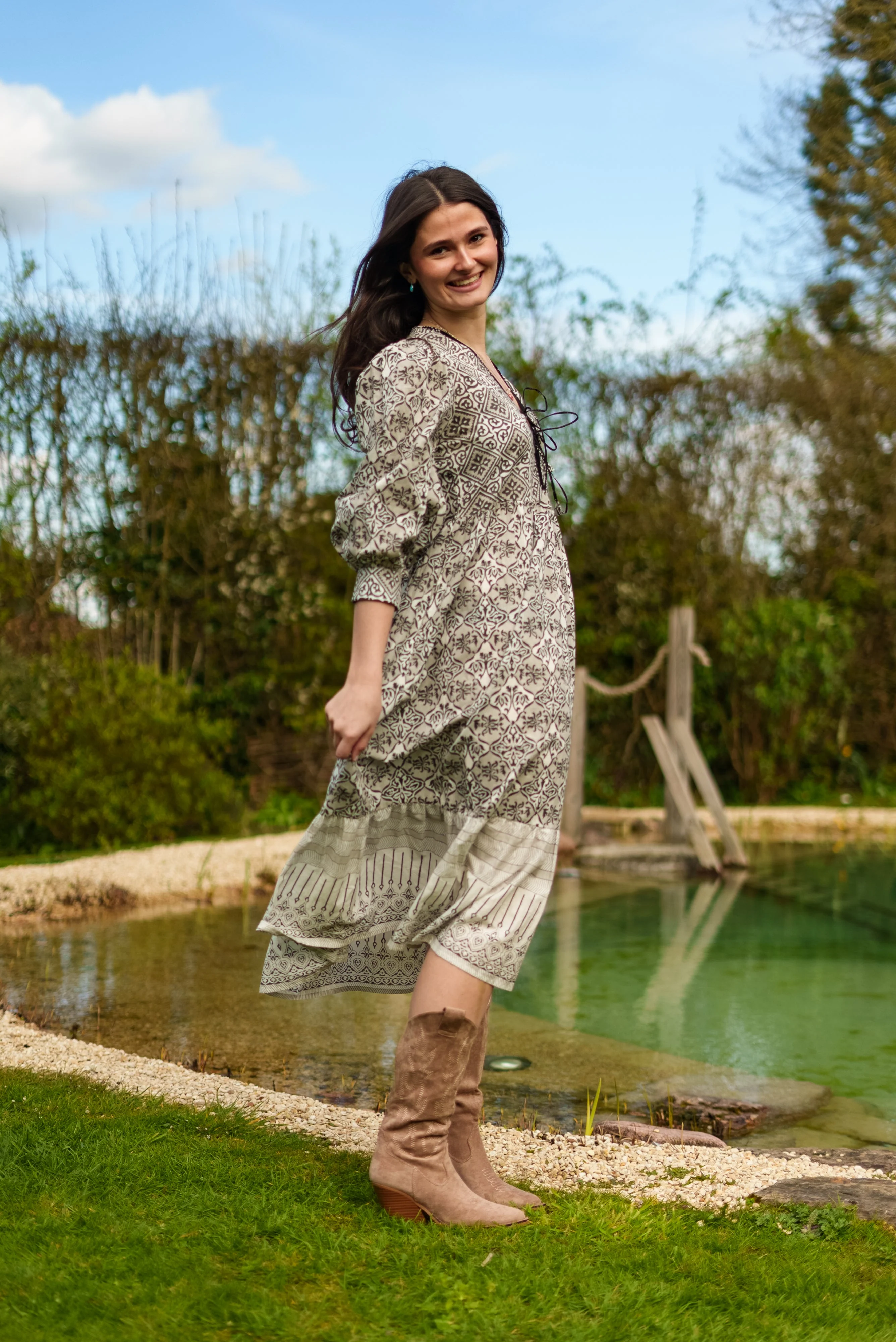 Soul Of Sita Aria Black And Ecru Woodblock Print Midi Dress With Tie Front Detail. 100% Cotton - Image 2
