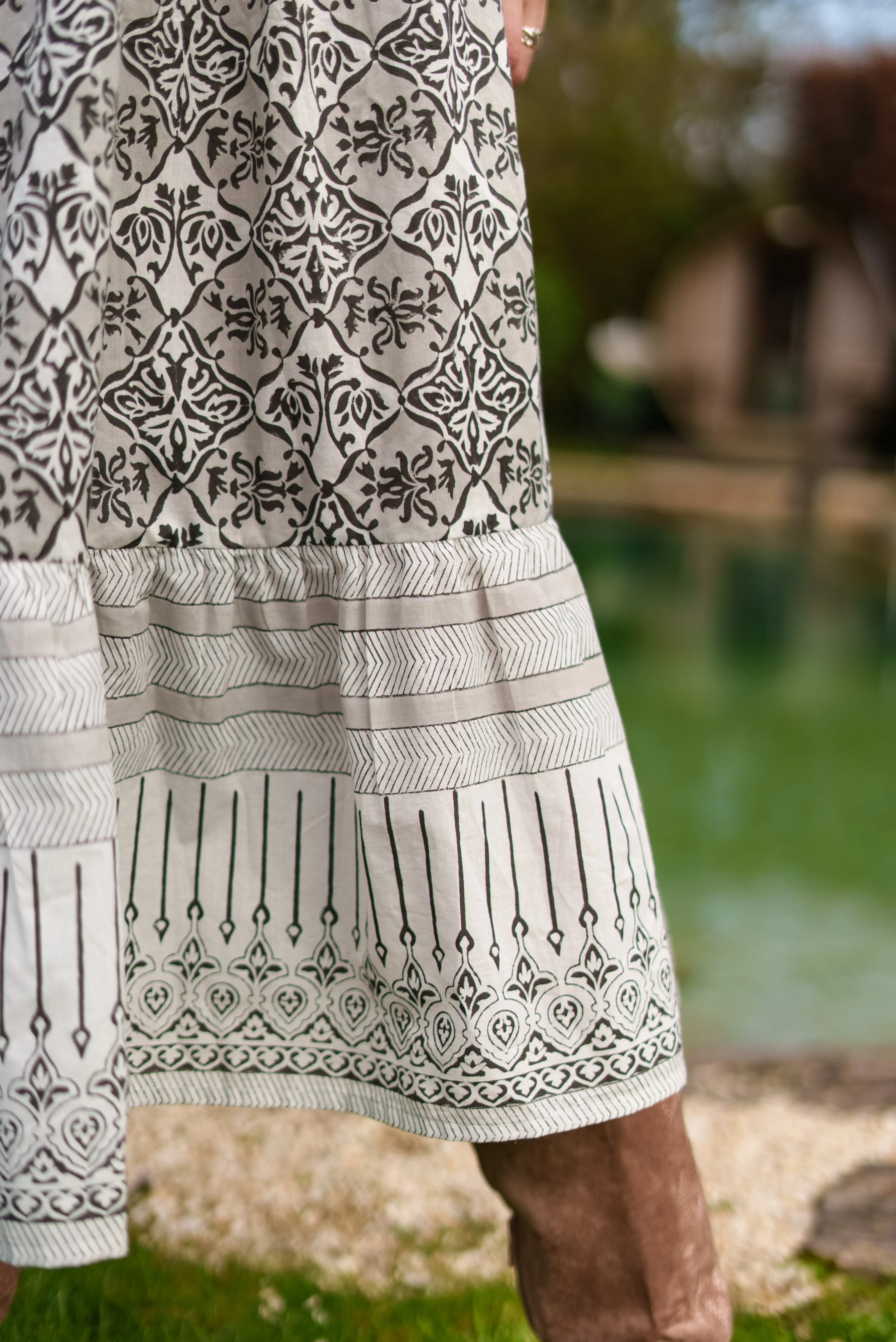 Soul Of Sita Aria Black And Ecru Woodblock Print Midi Dress With Tie Front Detail. 100% Cotton - Image 8