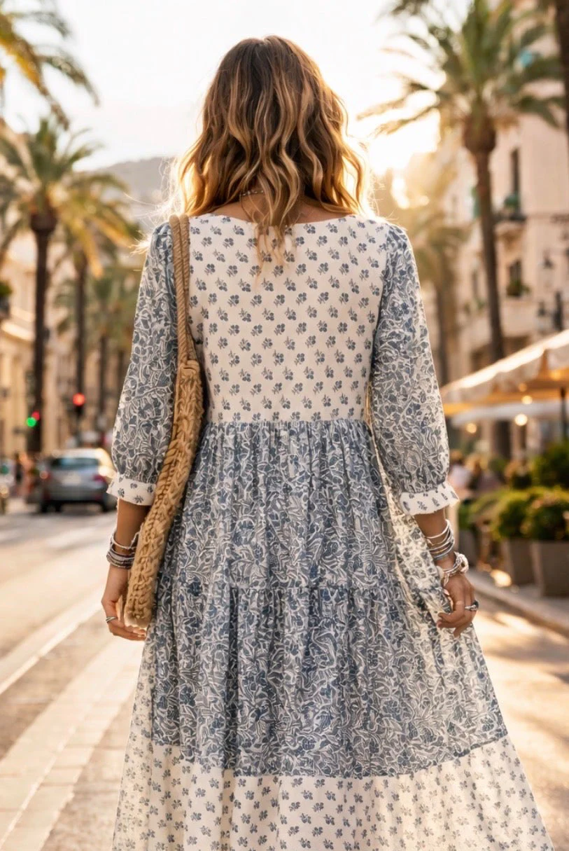 Soul Of Sita Ayla Ethic Blue And White Ditsy Floral Contrast Dress - 100% Cotton Voile - Image 2