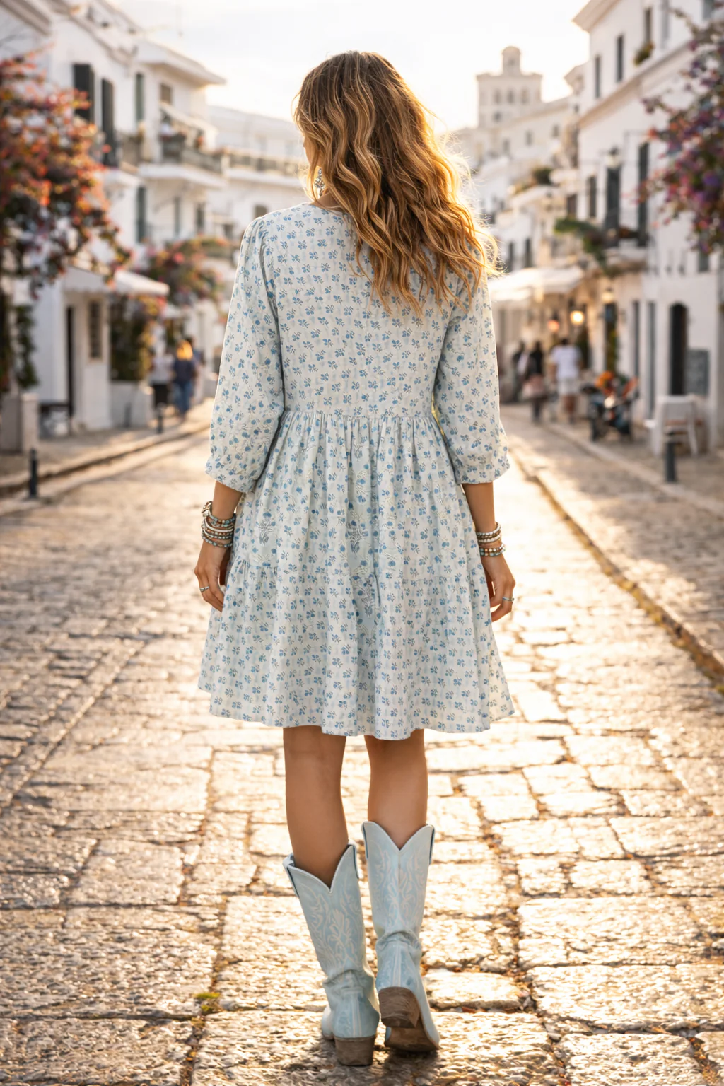 Soul Of Sita Ayla Ethnic Ditsy Floral 100% Cotton Voile Dress With Delicate Woodblock Printed Flowers In Blue On Blue - Image 2