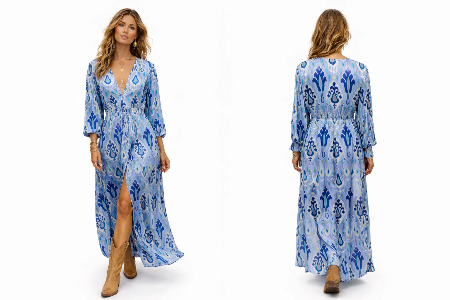 Soul Of Sita Blue Aztec Print Satin Button Through Maxi Dress - Image 2