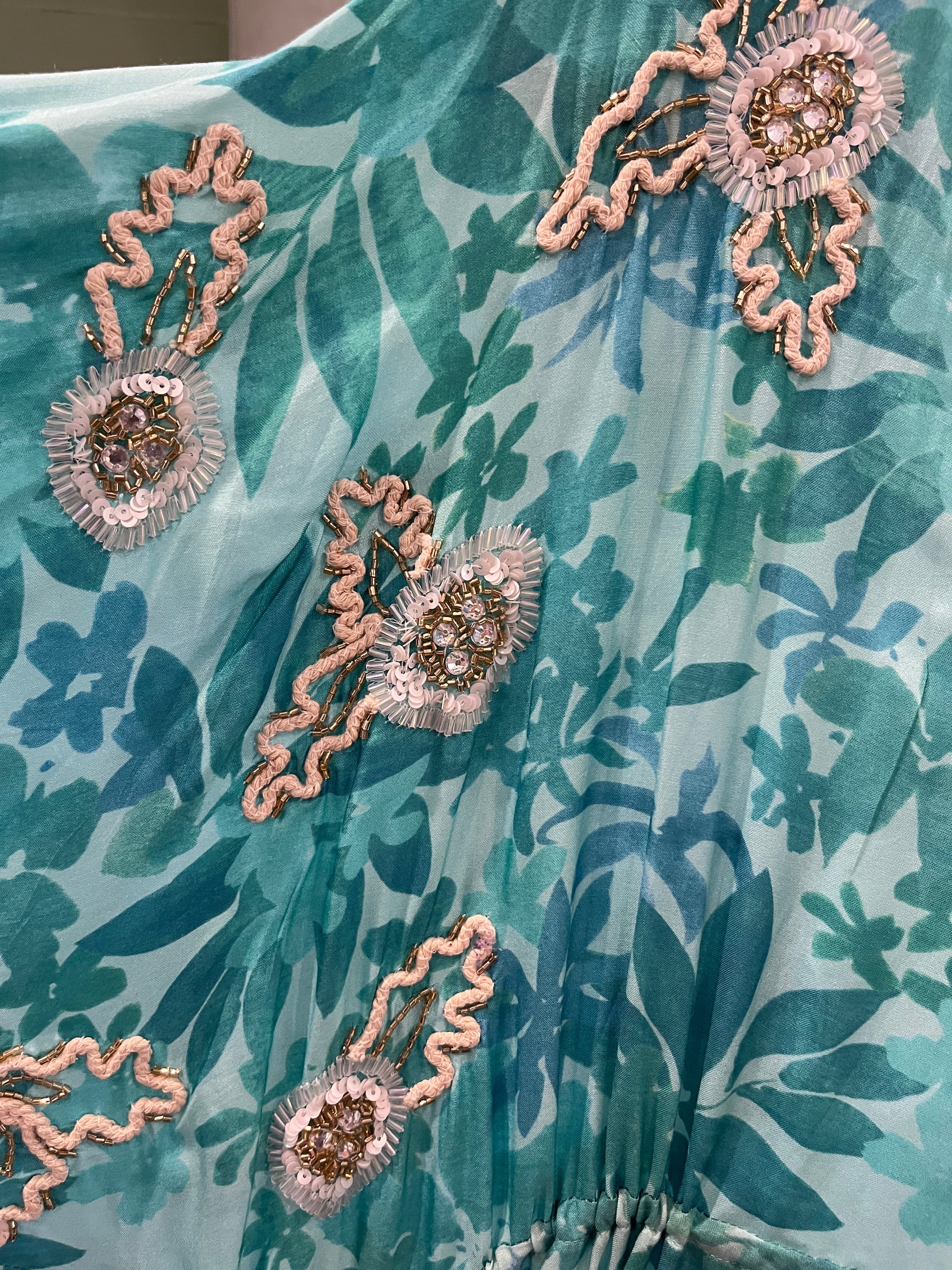 Soul Of Sita Caz Kaftan Long In Mint Green, Leaf Print With Hand Embellishment - Image 3