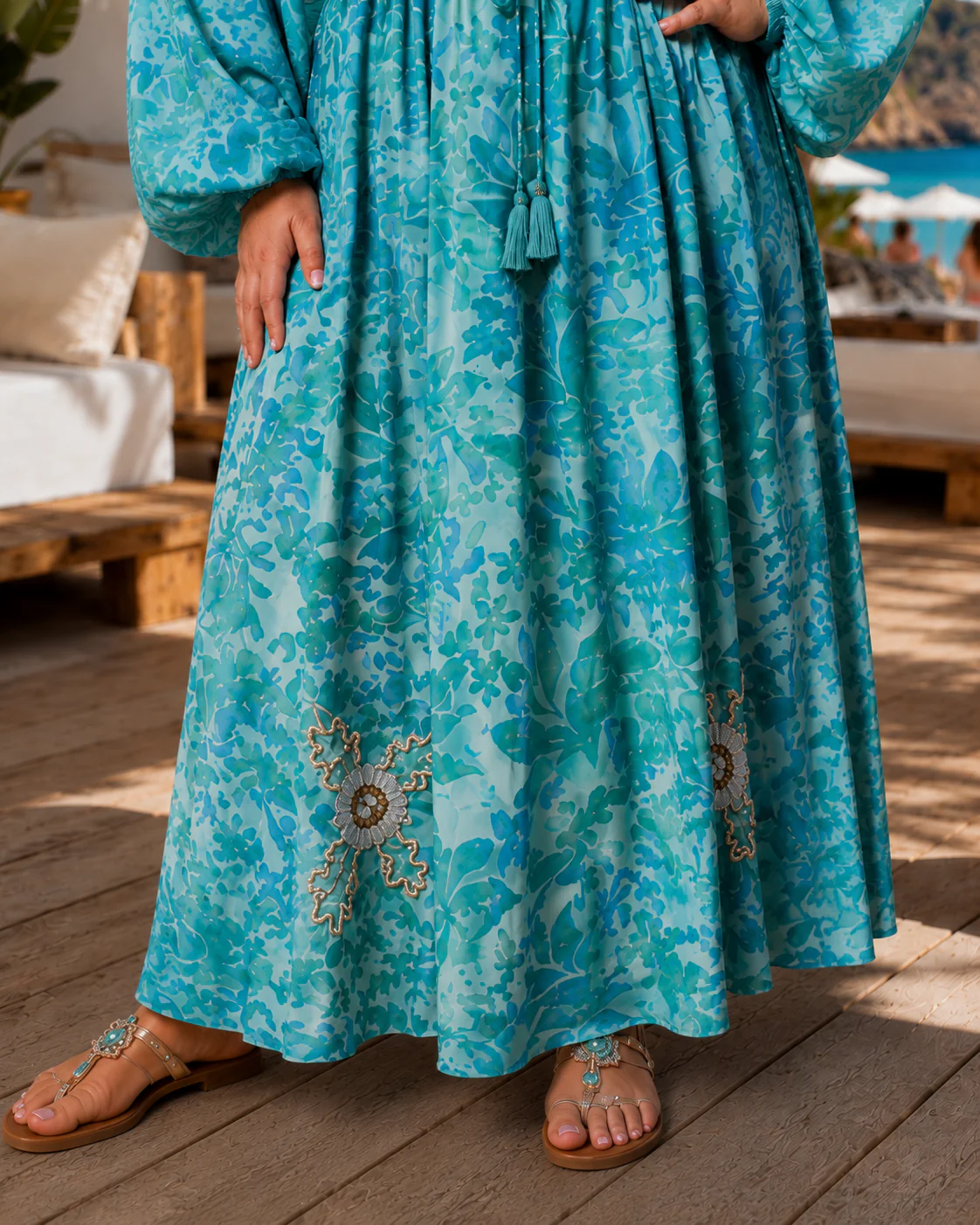 Soul Of Sita Caz Kaftan Long In Mint Green, Leaf Print With Hand Embellishment - Image 4