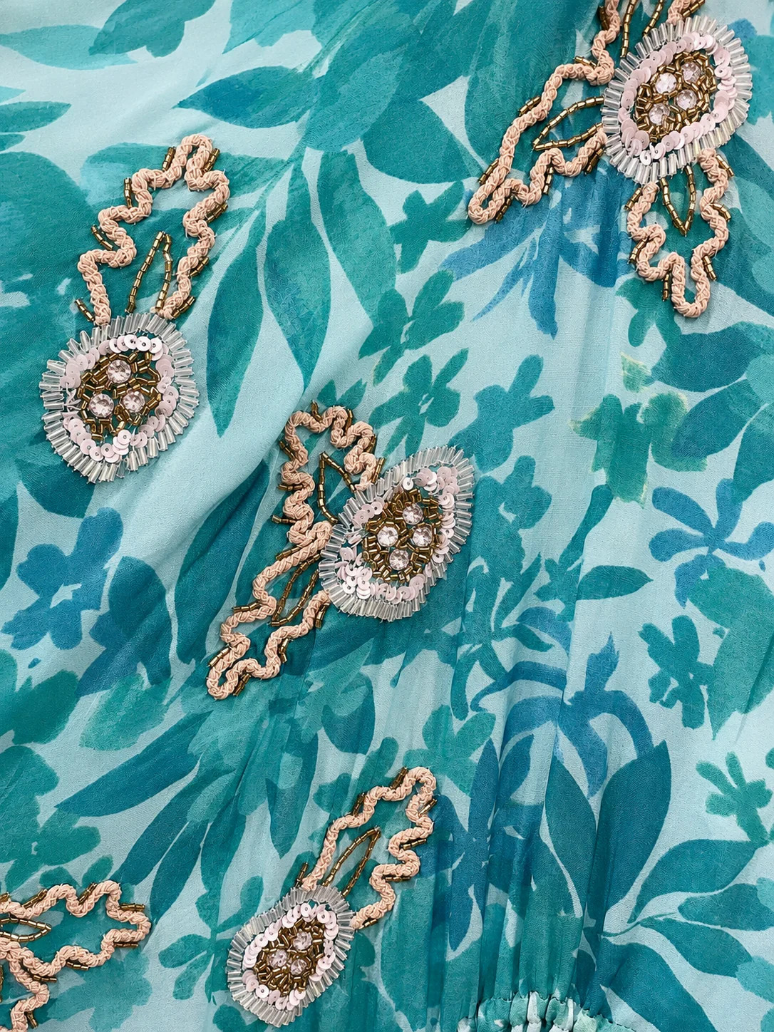 Soul Of Sita Caz Kaftan Long In Mint Green, Leaf Print With Hand Embellishment - Image 9