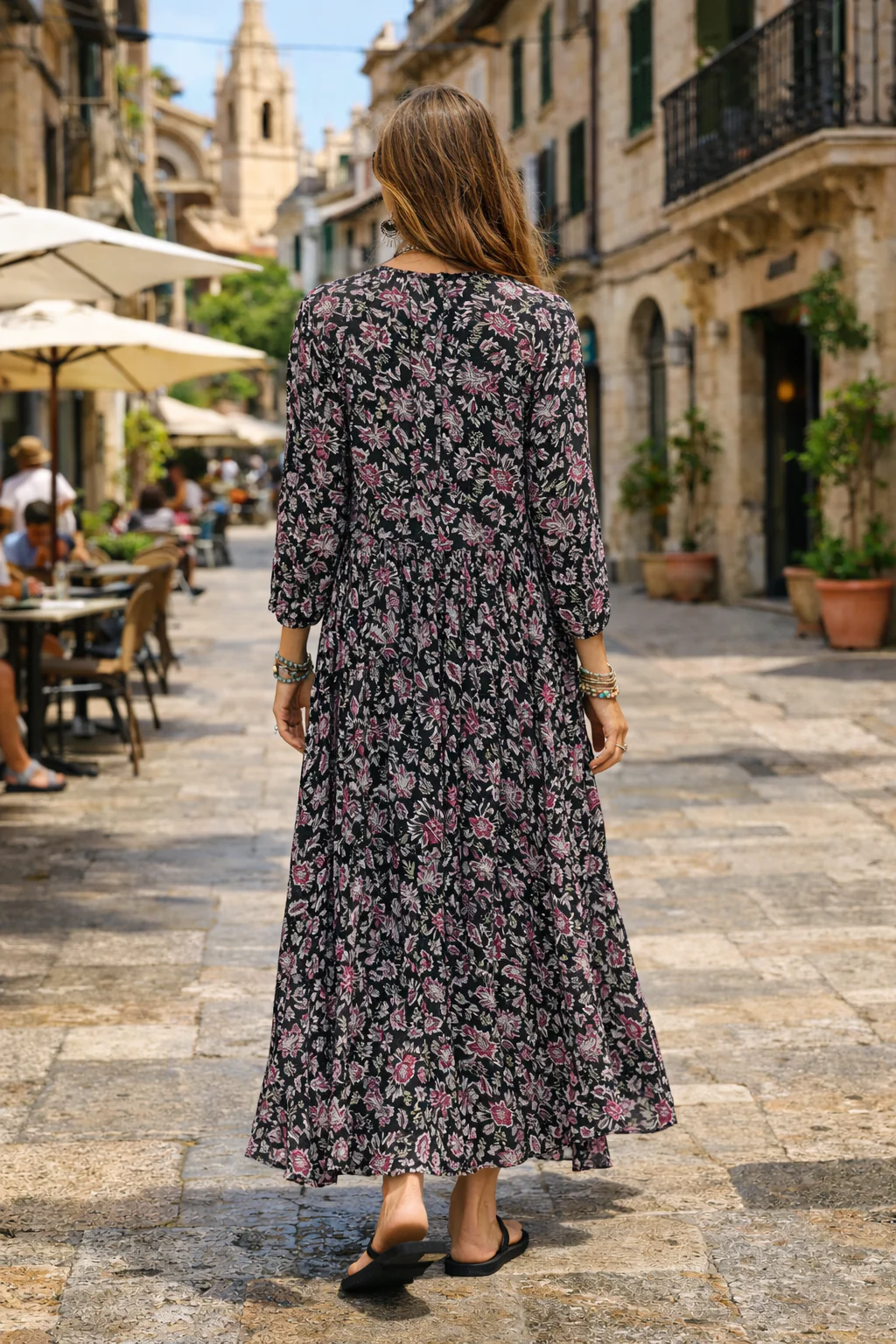 Soul Of Sita Inky Black Cotton / Silk Maxi Dress In Beautiful Floral Print With Separate Cotton Vest Under Garment. Side Pockets. - Image 2
