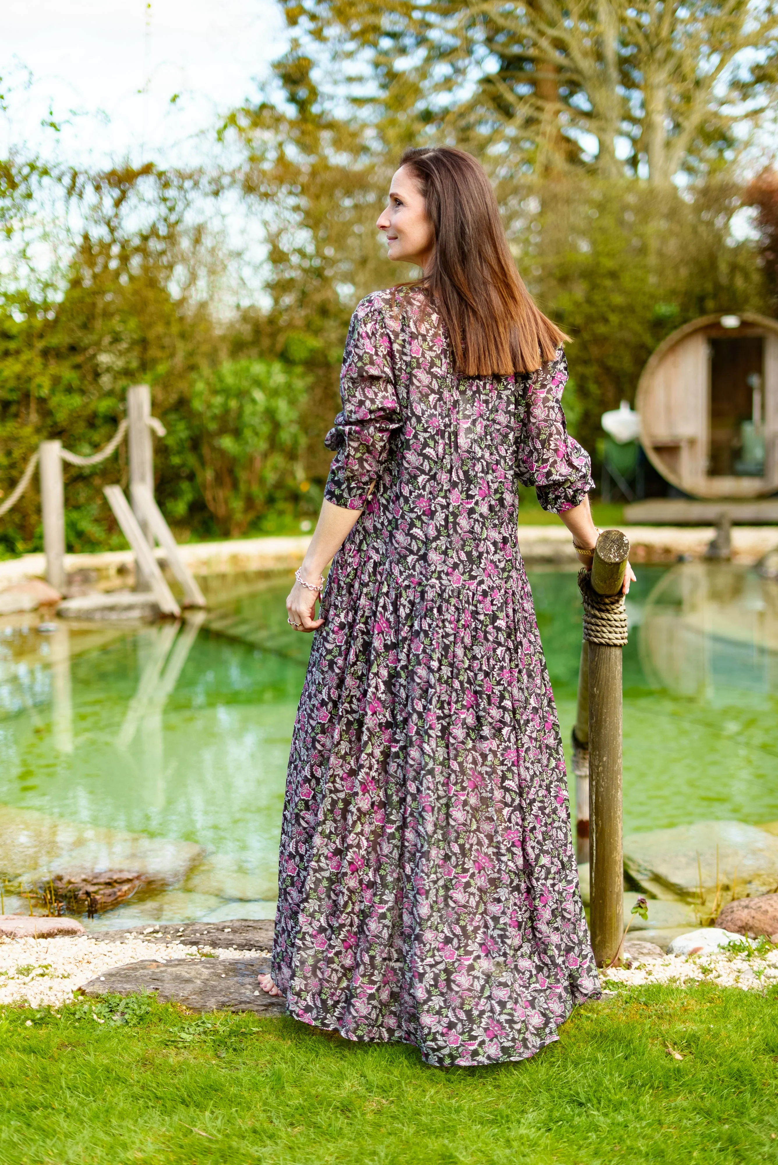 Soul Of Sita Inky Black Cotton / Silk Maxi Dress In Beautiful Floral Print With Separate Cotton Vest Under Garment. Side Pockets. - Image 5